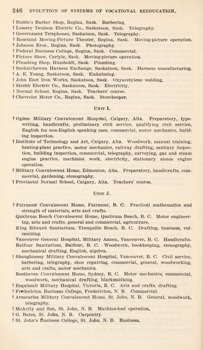 t Stable’s Barber Shop, Regina, Sask. Barbering. t Lemery Denison Electric Co., Saskatoon, Sask. Telegraphy, f Government Telephones, Saskatoon, Sask. Telegraphy. t Roseland Moving-Picture Theater, Regina, Sask. Moving-picture operation, t Johnson Bros., Regina, Sask. Photography, t Federal Business College, Regina, Sask. Commercial, t Picture Show, Carlyle, Sask. Moving-picture operation, f Plumbing Shop, Humboldt, Sask. Plumbing. T Saskatchewan Harness Exchange, Saskatoon, Sask. Harness manufacturing, t A. E. Young, Saskatoon, Sask. Embalming. f John East Iron Works, Saskatoon, Sask. Oxyacetylene welding, t Strebb Electric Co., Saskatoon, Sask. Electricity, t Normal School, Regina, Sask. Teachers’ course, t Chevrolet Motor Co., Regina, Sask. Storekeeper. Unit I. t Ogden Military Convalescent Hospital, Calgary, Alta. Preparatory, type¬ writing, handicrafts, preliminary civil service, qualifying civil service, English for non-English speaking men, commercial, motor mechanics, build¬ ing inspection. t Institute of Technology and Art, Calgary, Alta. Woodwork, manual training, heating-plant practice, motor mechanics, railway drafting, sanitary inspec¬ tion, building inspection, commercial, telegraphy, surveying, gas and steam engine practice, machinist work, electricity, stationary steam engine operation. t Military Convalescent Home, Edmonton, Alta. Preparatory, handicrafts, com¬ mercial, gardening, stenography, t Provincial Normal School, Calgary, Alta. Teachers’ course. Unit J. t Fairmont Convalescent Home, Fairmont, B. C. Practical mathematics and strength of materials, arts and crafts. Qualicum Beach Convalescent Home, Qualicum Beach, B. C. Motor engineer¬ ing, arts and crafts, general and commercial, agriculture. King Edward Sanitarium, Tranquille Beach, B. C. Drafting, business, vul¬ canizing. Vancouver General Hospital, Military Annex, Vancouver, B. C. Handicrafts. Balfour Sanitarium, Balfour, B. C. Woodwork, bookkeeping, stenography, mechanical drafting, English, algebra. 1 Shaughnessy Military Convalescent Hospital, Vancouver, B. C. Civil service, barbering, telegraphy, shoe repairing, commercial, general, woodworking, arts and crafts, motor mechanics. Resthaven Convalescent Home, Sydney, B. C. Motor mechanics, commercial, woodwork, mechanical drafting, blacksmithing. t Esquimalt Military Hospital, Victoria, B. C. Arts and crafts, drafting, f Fredericton Business College, Fredericton, N. B. Commercial, t Armouries Military Convalescent Home, St. John, N. B. General, woodwork, telegraphy. t McAvity and Son, St. John, N. B. Machine-tool operation, f G. Bates, St. John, N. B. Carpentry, t St. John’s business College, St. John, N. B. Business.