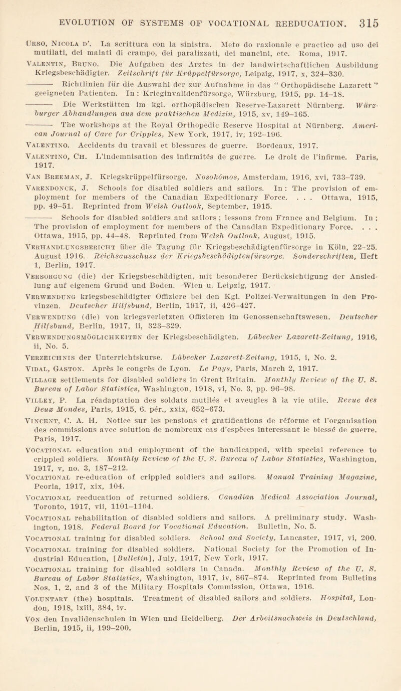 Urso, Nicola d\ La scrittura con la sinistra. Meto do razionale e practico ad uso dei mutilati, dei malati di crampo, dei paralizzati, dei mancini, etc. Roma, 1917. Valentin, Bruno. Die Aufgaben des Arztes in der landwirtschaftlichen Ausbildung Kriegsbesehiidigter. Zeitschrift fiir Kruppelfursorge, Leipzig, 1917, x, 324-330. - Riehtlinien fiir die Auswahl der zur Aufnahme in das “ Orthopadische Lazarett ’’ geeigneten Patienten. In : Krieginvalidenfiirsorge, Wurzburg, 1915, pp. 14-18. -- Die Werkstatten im kgl. orthopadiscben Reserve-Lazarett Niirnberg. Wiirz- burger Abhandlungen aus dem praktischen Medizin, 1915, xy, 149-165. - The workshops at the Royal Orthopedic Reserve Hospital at Niirnberg. Ameri¬ can Journal of Care for Cripples, New York, 1917, iv, 192-196. Valentino. Accidents du travail et blessures de guerre. Bordeaux, 193 7. Valentino, Ch. L’indemnisation des infirmites de guerre. Le droit de l’infirme. Paris, 1917. Van Breeman, J. Kriegskrtippelfiirsorge. Nosokomos, Amsterdam, 1916, xvi, 733-739. Varendoncic, J. Schools for disabled soldiers and sailors. In : The provision of em¬ ployment for members of the Canadian Expeditionary Force. . . . Ottawa, 1915, pp. 49-51. Reprinted from Welsh Outlook, September, 1915. - Schools for disabled soldiers and sailors ; lessons from France and Belgium. In : The provision of employment for members of the Canadian Expeditionary Force. . . . Ottawa, 1915, pp. 44-48. Reprinted from Welsh Outlook, August, 1915. Verhandlungsbericht tiber die Tagung fiir Kriegsbeschadigtenfiirsorge in Koln, 22-25. August 1916. Reichsausschuss der Kriegsbeschadigtenfiirsorge. Sonderschriften, Heft 1, Berlin, 1917. Versorgung (die) der Ivriegsbeschadigten, mit besonderer Beriicksiehtigung der Ansied- lung auf eigenem Grund und Boden. Wien u. Leipzig, 1917. Verwendung kriegsbeschadigter Offiziere bei den Kgl. Polizei-Verwaltungen in den Pro- vinzen. Deutscher Hilfsbund, Berlin, 1917, ii, 426-427. Verwtendung (die) von kriegsverletzten Offizieren im Genossenschaftswesen. Deutscher Hilfsbund, Berlin, 1917, ii, 323-329. Verwendungsmoglichkeiten der Kriegsbeschadigten. Lubecker Lazarett-Zeitung, 1916, ii, No. 5. Verzeichnis der Unterrichtskurse. Lubecker Lazarett-Zeitung, 1915, i, No. 2. Vidal, Gaston. Apres le congres de Lyon. Le Pays, Paris, March 2, 1917. Village settlements for disabled soldiers in Great Britain. Monthly Review of the U. IS. Bureau of Labor Statistics, Washington, 1918, vi, No. 3, pp. 96-98. Villey, P. La readaptation des soldats mutiles et aveugles ft la vie utile. Revue des Deux Mondes, Paris, 1915, 6. per., xxix, 652-673. Vincent, C. A. H. Notice sur les pensions et gratifications de reforme et l’organisation des commissions avec solution de nombreux cas d’especes interessant le blesse de guerre. Paris, 1917. Vocational education and employment of the handicapped, with special reference to crippled soldiers. Monthly Review of the U. S. Bureau of Labor Statistics, Washington, 1917, v, no. 3, 187-212. Vocational re-education of crippled soldiers and sailors. Manual Training Magazine, Peoria, 1917, xix, 104. Vocational reeducation of returned soldiers. Canadian Medical Association Journal, Toronto, 1917, vii, 1101-1104. Vocational rehabilitation of disabled soldiers and sailors. A preliminary study. Wash¬ ington, 1918. Federal Board for Vocational Education. Bulletin, No. 5. Vocational training for disabled soldiers. School and Society, Lancaster, 1917, vi, 200. Vocational training for disabled soldiers. National Society for the Promotion of In¬ dustrial Education, [Bulletin], July, 1917, New York, 1917. Vocational training for disabled soldiers in Canada. Monthly Review of the U. S. Bureau of Labor Statistics, Washington, 1917, iv, 867-874. Reprinted from Bulletins Nos. 1, 2, and 3 of the Military Hospitals Commission, Ottawa, 1916. Voluntary (the) hospitals. Treatment of disabled sailors and soldiers. Hospital, Lon¬ don, 1918, lxiii, 384, iv. Von den Invalidenschulen in Wien und Heidelberg. Der Arbeitsnacliweis in Deutschland, Berlin, 1915, ii, 199-200.