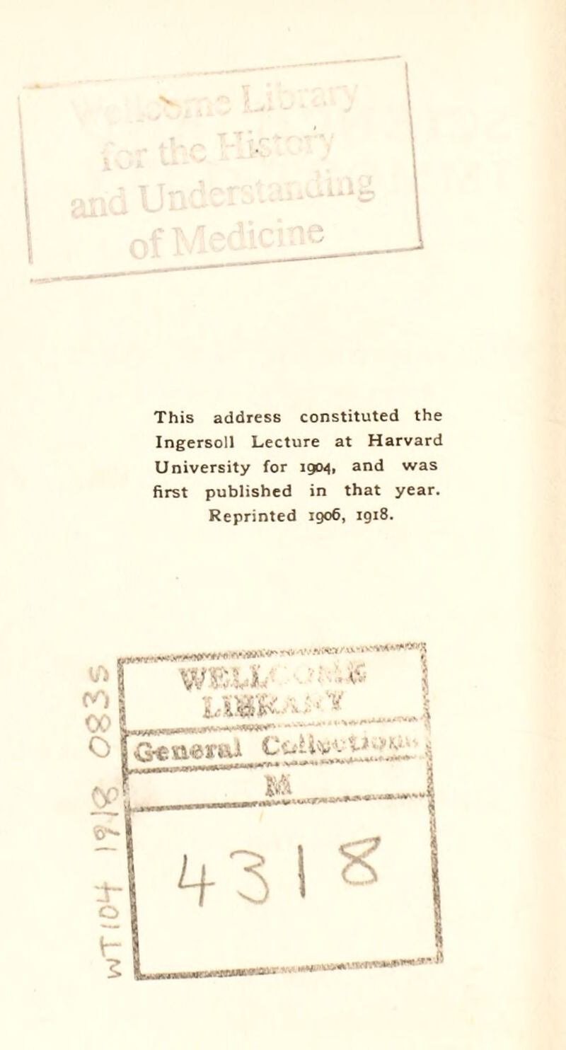 This address constituted the Ingersoll Lecture at Harvard University for 1904, and was first published in that year. Reprinted 1906, igi8.