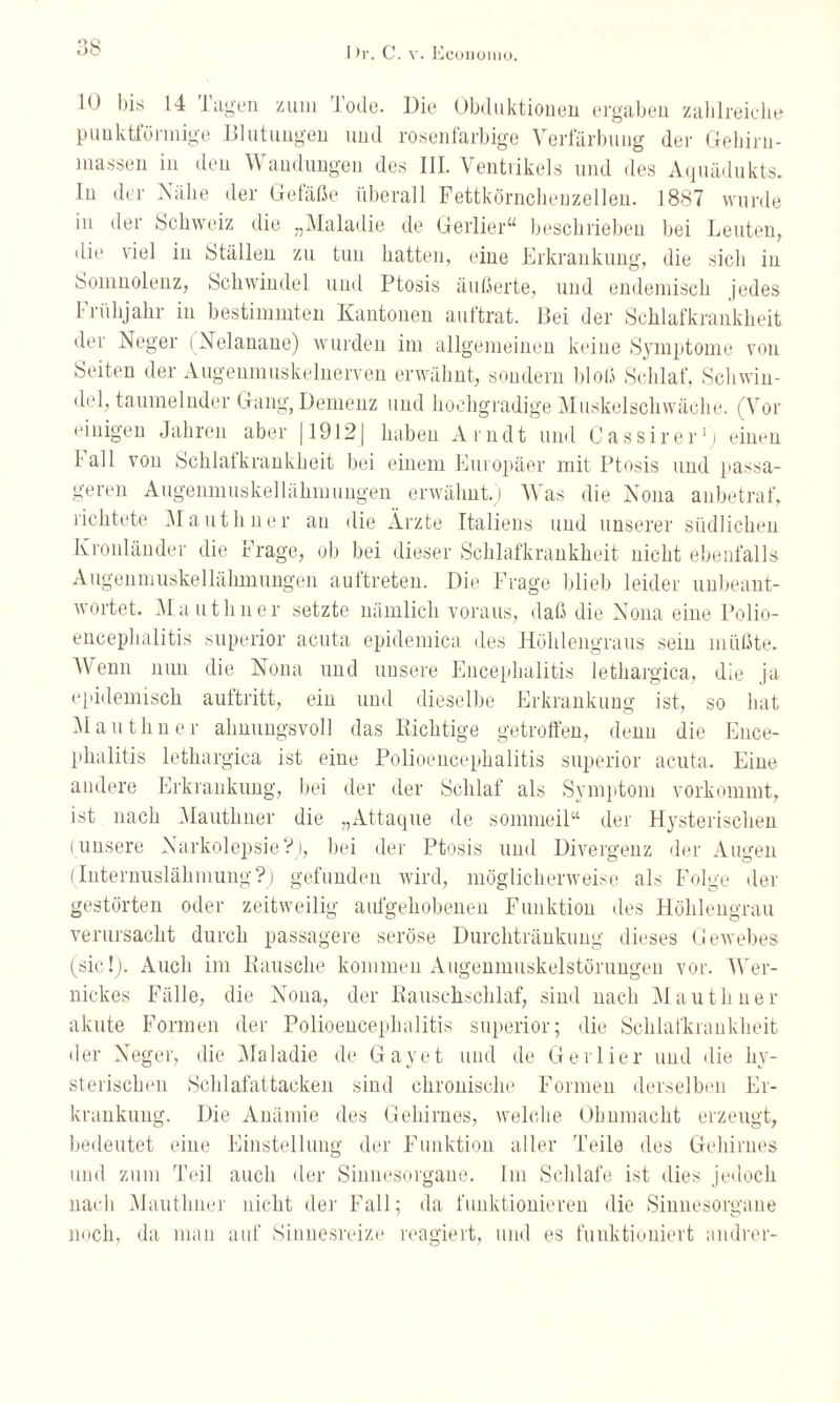 10 bis 14 Tagen zum Tode. Die Obduktionen ergaben zahlreiche punktförmige Blutungen und rosenfarbige Verfärbung der Gehirn¬ massen in den Wandungen des III. Ventrikels und des Aquädukts. In der Nähe der Gefäße überall Fettkörnchenzellen. 1887 wurde in der Schweiz die „Maladie de Gerlier“ beschrieben bei Leuten, die viel in Ställen zu tun hatten, eine Erkrankung, die sich in Somnolenz, Schwindel und Ptosis äußerte, und endemisch jedes Frühjahr in bestimmten Kantonen auftrat. Bei der Schlafkrankheit der Neger (Nelanane) wurden im allgemeinen keine Symptome von Seiten der Augenmuskelnerven erwähnt, sondern bloß Schlaf, Schwin¬ del, taumelnder Gang, Demenz und hochgradige Muskelschwäche. (Vor einigen Jahren aber 119121 haben Arndt und Cassirer1/ einen lall von Schlafkrankheit bei einem Europäer mit Ptosis und passa- geren Augenmuskellähmungen erwähnt.) Was die Nona anbetraf, richtete Mauthner an die Arzte Italiens und unserer südlichen Grönländer die Frage, ob bei dieser Schlafkrankheit nicht ebenfalls Augenmuskellähmungen auftreten. Die Frage blieb leider unbeant¬ wortet. Mauthner setzte nämlich voraus, daß die Nona eine Polio¬ encephalitis superior acuta epidemica des Höhlengraus sein müßte. Wenn nun die Nona und unsere Encephalitis lethargica, die ja epidemisch auftritt, ein und dieselbe Erkrankung ist, so hat Mauthner ahnungsvoll das Richtige getroffen, denn die Ence¬ phalitis lethargica ist eine Polioencephalitis superior acuta. Eine andere Erkrankung, bei der der Schlaf als Symptom vorkommt, ist nach Mauthner die „Attaque de sommeil“ der Hysterischen (unsere Narkolepsie?), bei der Ptosis und Divergenz der Augen (Internuslähmung?) gefunden wird, möglicherweise als Folge der gestörten oder zeitweilig aufgehobenen Funktion des Höhlengrau verursacht durch passagere seröse Durchtränkung dieses Gewebes (sic!). Auch im Rausche kommen Augenmuskelstörungen vor. Wer- nickes Fälle, die Nona, der Rauschschlaf, sind nach Mauthner akute Formen der Polioencephalitis superior; die Schlafkrankheit der Neger, die Maladie de Gay et und de Ger Her und die hy¬ sterischen Schlafattacken sind chronische Formen derselben Er¬ krankung. Die Anämie des Gehirnes, welche Ohnmacht erzeugt, bedeutet eine Einstellung der Funktion aller Teile des Gehirnes und zum Teil auch der Sinnesorgane. Im Schlafe ist dies jedoch nach Mauthner nicht der Fall; da funktionieren die Sinnesorgane noch, da man auf Sinnesreize reagiert, und es funktioniert andrer-