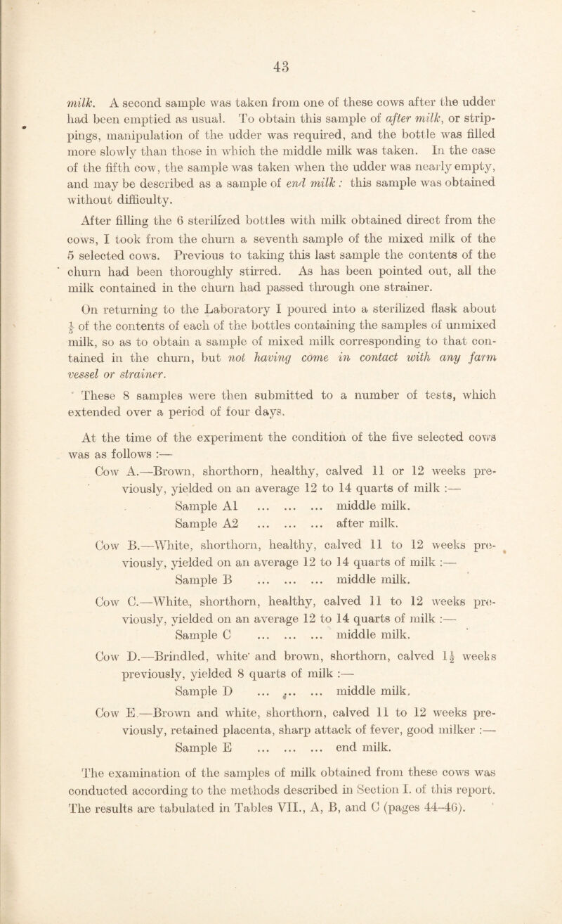milk, A second sample was taken from one of these cows after the udder had been emptied as usual. To obtain this sample of after milk, or strip¬ pings, manipulation of the udder was requned, and the bottle was filled more slowly than those in which the middle milk was taken. In the case of the fifth cow, the sample was taken when the udder was neaily empty, and may be described as a sample of end milk : this sample was obtained Avithout difficulty. After filling the 6 sterilized bottles with milk obtained direct from the cows, I took from the churn a seventh sample of the mixed milk of the 5 selected coavs. Previous to takmg this last sample the contents of the churn had been thoroughly stirred. As has been pointed out, all the milk contained in the churn had passed through one strainer. On returning to the Laboratory I poured into a sterilized flask about i of the contents of each of the bottles containing the samples of unmixed milk, so as to obtain a sample of mixed milk corresponding to that con¬ tained in the churn, but not having come in contact with any farm vessel or strainer. ■ These 8 samples were then submitted to a number of tests, which extended over a period of four days. At the time of the experiment the condition of the five selected coai^s Avas as follows :— CoAv A.—Brown, shorthorn, healthy, calved 11 or 12 weeks pre¬ viously, yielded on an average 12 to 14 quarts of milk :— Sample A1 . middle milk. Sample A2 . after milk. Cow B.—White, shorthorn, healthy, calved 11 to 12 weeks priJ- ^ vioush^ yielded on an average 12 to 14 quarts of milk ;— Sample B . middle milk. CoAv C.—White., shorthorn, healthy, calved 11 to 12 weeks pre¬ viously, yielded on an average 12 to 14 quarts of milk :— Sample C . middle milk. CoAv D.—Brindled, white' and brown, shorthorn, calved 1| weeks previously, yielded 8 quarts of milk Sample D ... .. middle milk. CoAV E.—BroAvn and white, shorthorn, calved 11 to 12 weeks pre¬ viously, retained placenta, sharp attack of fever, good milker :— Sample E . end milk. The examination of the samples of milk obtained from these cows was conducted according to the methods described in Section 1. of this report. The results are tabulated in Tables VII., A, B, and G (pages 44--4G).