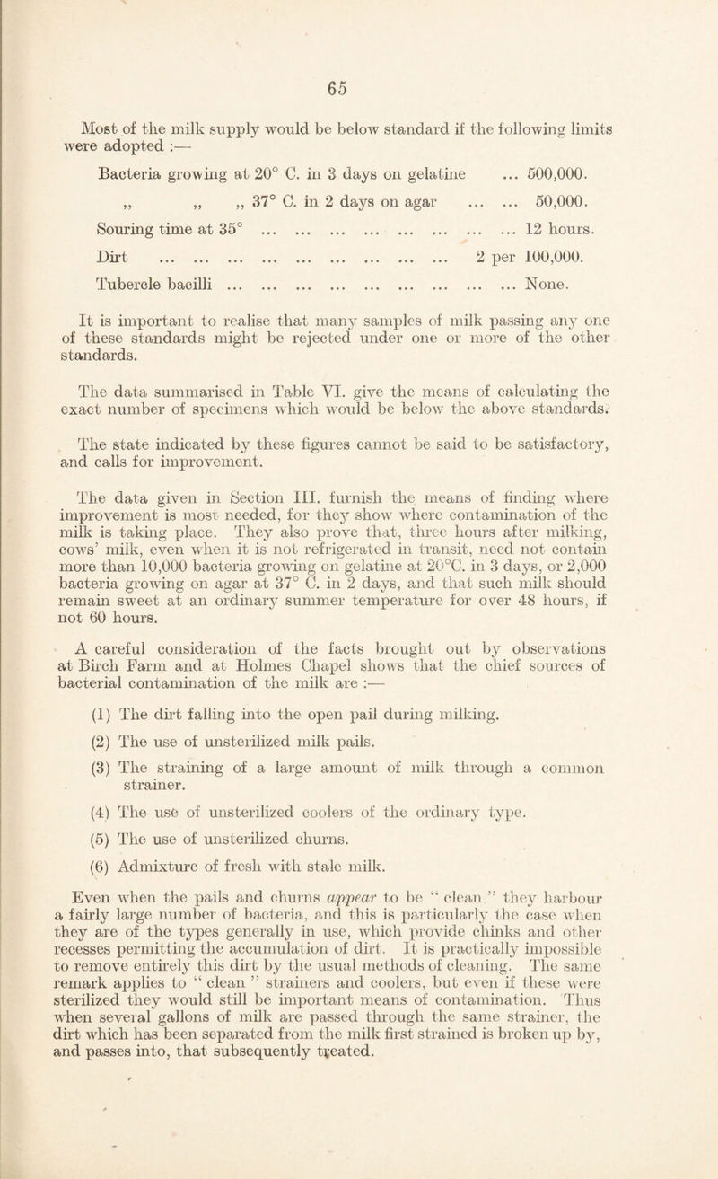 Most of the milk supply would be below standard if the following limits were adopted :— Bacteria growing at 20° C. in 3 days on gelatine ... 500,000. ,, ,, ,, 37° C. in 2 days on agar . 50,000. Souring time at 35° .12 hours. Dirt . 2 per 100,000. Tubercle bacilli .None. It is important to realise that many samples of milk passing any one of these standards might be rejected under one or more of the other standards. The data summarised in Table VI. give the means of calculating the exact number of specimens which would be beloAV the above standards? The state indicated by these figures cannot be said to be satisfactory, and calls for improvement. The data given in Section III. furnish the means of finding where improvement is most needed, for they show where contamination of the milk is takmg place. They also prove that, three hours after milking, cows’ milk, even when it is not refrigerated in transit, need, not contaui more than 10,000 bacteria growing on gelatine at 20°C. in 3 days, or 2,000 bacteria growing on agar at 37° C. in 2 days, and that such milk should remain sweet at an ordinary summer temperature for over 48 hours, if not 60 hours. A careful consideration of the facts brought out by observations at Birch Farm and at Holmes Chapel shows that the chief sources of bacterial contamination of the milk are :— (1) The dirt falling mto the open pail during milking. (2) The use of unsterilized milk pails. (3) The straining of a large amount of milk through a common strainer. (4) The use of unsterilized coolers of the ordinary type. (5) The use of unsterilized churns. (6) Admixture of fresh with stale milk. Even when the pails and churns appear to be “ clean” they harbour a fairly large number of bacteria, and this is particularly the case when they are of the types generally in use, which ]3rovide chinks and other recesses permitting the accumulation of dirt. It is practically impossible to remove entirely this dirt by the usual methods of cleaning. The same remark applies to “ clean ” strainers and coolers, but even if these w^ere sterilized they would still be important means of contamination. Thus when several gallons of milk are passed through the same strainer, the dirt which has been separated from the milk first strained is broken up by, and passes into, that subsequently treated.