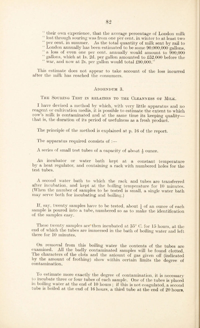 “ tlieii’ own experience, that the average percentage of London milk “ lost through souring was from one per cent, in winter to at least two “ per cent, in summer. As the total quantity of milk sent by rail to London annually has been estimated to be some 90,000,000gallons, a loss of even one per cent, annually would amount to 900,000 “ gallons, which at Is. 2d. per gallon amounted to £52,000 before the “ war, and now at 2s. per gallon would total £90,000.” This estimate does not appear to take account of the loss incurred after the milk has reached the consumers. Addendum 3. The Souring Test in relation to the Cleanness of Milk. I have devised a method by which, with very little apparatus and no reagent or cultivation media, it is possible to estimate the extent to which cow’s milk is contaminated and at the same time its keeping qualit}^— that is, the duration of its period of usefulness as a fresh product. The principle of the method is explained at p, 16 of the report. The apparatus required consists of :— A series of small test tubes of a capacity of about ounce. An incubator or water bath kept at a constant temperature by a heat regulator, and containing a rack with numbered holes for the test tubes. A second wa.ter bath to which the rack and tubes are tra.nsferred after incubation, and kept at the boiling temperature for 10 minutes. (When the number of samples to be tested is small, a single water bath may serve both for incubating and boiling.) If, say, twenty samples have to be tested, about ^ of an ounce of each sample is poured into a tube, numbered so as to make the identification of the samples easy. These twenty samples are then incubated at 35° C. for 15 hours, at the end of which the tubes are immersed in the bath of boiling water and left there for 10 minutes. On removal from this boiling water the contents of the tubes are examined. All the badly contaminated samples will be found clotted. The characters of the clots and the amount of gas given off (indicated by the amount of frothmg) show within certain limits the degree of contamination. To estimate more exactly the degree of contamination, it is necessary to incubate three or four tubes of each sample. One of the tubes is placed in boiling water at the end of 10 hours ; if this is not coagulated, a second tube is boiled at the end of 16 hours, a third tube at the end of 20 hours,