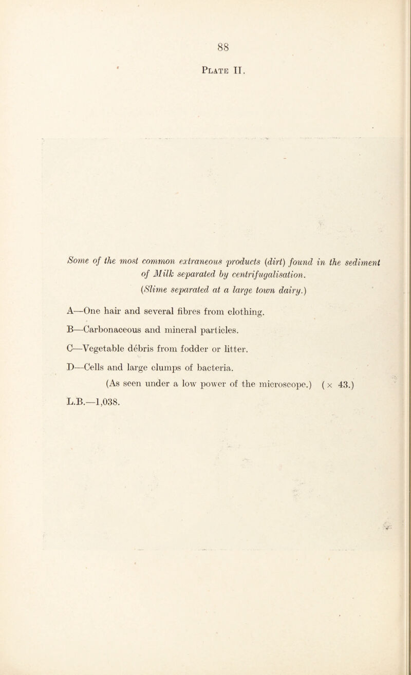 Plate IT. 8ome of the 7nost common extraneous products (dirt) found in the sediment of Milk separated by centrifugalisation. (Slime separated at a large town dairy.) A—One hair and several fibres from clothing. B—Carbonaceous and mineral particles. C—Vegetable debris from fodder or litter. B—Cells and large clumps of bacteria. (As seen under a low power of the microscope.) ( x 43.) L.B.—1,038.
