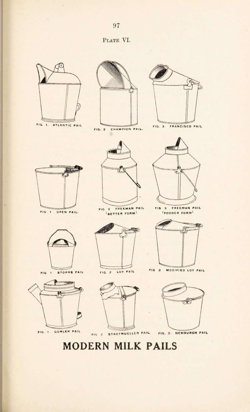 Plate VI. FIG. 3 FRANCISCO PAIL (bcttcr forw) riG 1 GURLKP PAIL ^ sTAOTMUELLER PA««- FIG. 3. NEWBUflOM PAIi, MODERN MILK PAILS