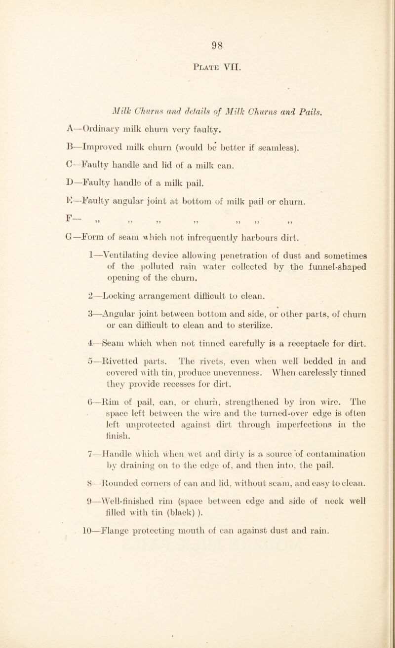 Plate VII. Milk Churns and details of Milk Churns and Pails. A—Ordinai’y milk churn very faulty. B—Improved milk churn (would be better if seamless). C—Faulty handle and lid of a milk can. I)—Faulty handle of a milk pail. E—Faulty angular joint at bottom of milk pail or churn. F— ” 5? n ?5 if G—Form of seam which not infrequently harbours dirt. 1— Ventilating device allowing penetration of dust and sometimes of the polluted rain w^ater collected by the funnel-shaped opening of the churn. 2— Locking arrangement difficult to clean. 3— Angular joint between bottom and side, or other parts, of churn or can difficult to clean and to sterilize. 4— 8eam which wdien not tinned carefully is a receptacle for dht. 5— Rivetted parts. The rivets, even wTien well bedded in and covered w ith tin, produce unevenness. When carelessly tinned they provide recesses for dirt. 0—Rim of pail, can, or chuih, strengthened by iron wore. The S])ace left betw^een the wore and the turned-ove]’ edge is often left unprotected against dirt through imperfections in the finish. 7— Handle w hich wTien wet and dirty is a source 'of contamination by draining on fo the edge of, and then into, the pail. 8— Rounded corners of can and lid, wothout scam, and easy to clean. 9— Well-finished rim (space betAveen edge and side of neck AA^ell filled Avith tin (black) ). 10—Flange protecting mouth of can against dust and rain.