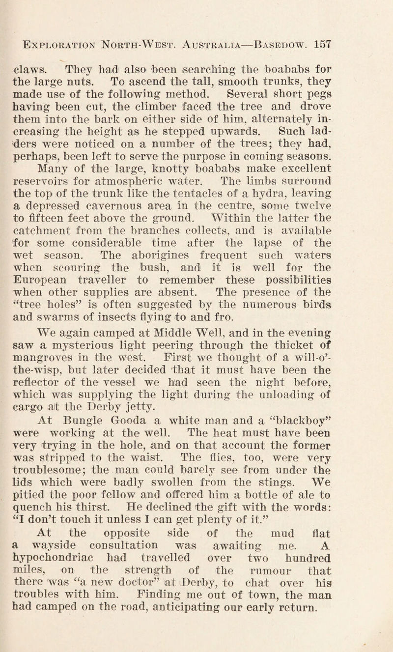 claws. They had also been ,searching the boababs for the large nuts. To ascend the tall, smooth trunks, they made use of the following method. Several short pegs having been cut, the climber faced the tree and drove them into the bark on either side of him, alternately in¬ creasing the height as he stepped upwards. Such lad¬ ders were noticed on a number of the trees; they had, perhaps, been left to serve the purpose in coming seasons. Many of the large, knotty boababs make excellent reservoirs for atmospheric water. The limbs surround the top of the trunk like the tentacles of a hydra, leaving a depressed cavernous area in the centre, some twelve to fifteen feet above the ground. Within the latter the catchment from the branches collects, and is available for some considerable time after the lapse of the wet season. The aborigines frequent such waters when scouring the bush, and it is well for the European traveller to remember these possibilities when other supplies are absent. The presence of the “tree holes” is often suggested by the numerous birds and swarms of insects flying to and fro. We again camped at Middle Well, and in the evening saw a mysterious light peering through the thicket of mangroves in the west. First we thought of a will-o’- the-wisp, but later decided that it must have been the reflector of the vessel we had seen the night before, which was supplying the light during the unloading of cargo alt the Derby jetty. At Bungle Gooda a white man and a “blackboy” were working at the well. The heat must have been very trying in the hole, and on that account the former was stripped to the waist. The flies, too, were very troublesome; the man could barely see from under the lids which were badly swollen from the stings. We pitied the poor fellow and offered him a bottle of ale to quench his thirst. He declined the gift with the words: “I don’t touch it unless I can get plenty of it.” At the opposite side of the mud fiat a wayside consultation was awaiting me. A hypochondriac had travelled over two hundred miles, on the strength of the rumour that there was “a new doctor” at Derby, to chat over his troubles with him. Finding me out of town, the man had camped on the road, anticipating our early return.