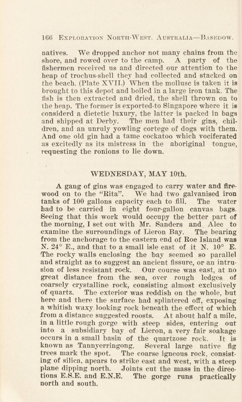 natives. We dropped anchor not many chains from the shore, and rowed over to the camp. A party of the fishermen received us and directed onr attention to the heap of trochus-shell they had collected and stacked on the beach. (Plate XVII.) When the mollusc is taken it is brought to this depot and boiled in a large iron tank. The fish is then extracted and dried, the shell thrown on to the heap, The former is exported-to Singapore where it ie considerd a dietetic luxury, the latter is packed in bags and shipped at Derby. The men had their gins, chil¬ dren, and an unruly yowling cortege of dogs with them. And one old gin had a tame cockatoo which vociferated as excitedly as its mistress in the aboriginal tongue, requesting the ronions to lie down. WEDNESDAY, MAY 10th. A gang of gins was engaged to carry water and fire¬ wood on to the “Rita”. We had two galvanised iron tanks of 100 gallons capacity each to fill. The water had to be carried in eight four-gallon canvas bags. Seeing that this work would occupy the better part of the morning, I set out with Mr. Sanders and^ Alec to examine the surroundings of Lieron Bay. The bearing from the anchorage to the eastern end of Roe Island was N. 24° E., and that to a small isle east of it N. 10° E. The rocky walls enclosing the bay seemed so parallel and straight as to suggest an ancient fissure, or an intru¬ sion of less resistant rock. Our course was east, at no great distance from the sea, over rough ledges of coarsely crystalline rock, consisting almost exclusively of quartz. The exterior was reddish on the whole, but here and there the surface had splintered off, exposing a whitish waxy looking rock beneath the effect of which from a distance suggested roosts. At about half a mile, in a little rough gorge with steep sides, entering out into a subsidiary bay of Lieron, a very fair soakage occurs in a small basin of the quartzose rock. It is known as Tannyerringong. Several large native fig trees mark the spot. The coarse igneous rock, consist¬ ing of silica, apears to strike east and west, with a steep plane dipping north. Joints cut the mass in the direc¬ tions E.S.E. and E.N.E. The gorge runs practically north and south.