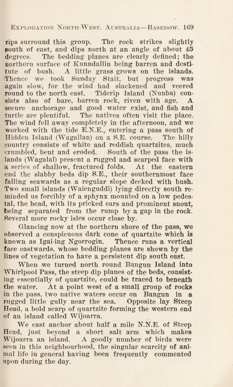 pips surround this group. The rock strikes slightly south of east, and dips north at an angle of about 49 degrees. The bedding planes are clearly defined; the northern surface of Kunndallin being barren and desti¬ tute of bush. A little grass grows on the islands. Thence we took Sunday Stait, but progress was again slow, for the wind had slackened and veered round to the north east. Tiderip Island (Nunba) con¬ sists also of bare, barren rock, riven with age. A secure anchorage and good water exist, and fish and turtle are plentiful. The natives often visit the place. The wind fell away completely in the afternoon, and we worked with the tide E.N.E., entering a pass south of Hidden Island (Wagallan) on a S.E. course. The hilly country consists of white and reddish quartzites, much crumbled, bent and eroded. South of the pass the is¬ lands (Wagalal) present a rugged and scarped face with a series of shallow, fractured folds. At the eastern end the slabby beds dip S.E., their southernmost face falling seawards as a regular slope decked with bush. Two small islands (Waienguddi) lying directly south re¬ minded us forcibly of a sphynx mounted on a low pedes¬ tal, the head, with its pricked ears and prominent snout, being separated from the rump by a gap in the rock. Several more rocky isles occur close by. Glancing now at the northern shore of the pass, we observed a conspicuous dark cone of quartzite which is known as Igai-ing Ngorrogin. Thence runs a vertical face eastwards, whose bedding planes are shown by the lines of vegetation to have a persistent dip south east. When we turned north round Bangun Island into Whirlpool Pass, the steep dip planes of the beds, consist¬ ing essentially of quartzite, could be traced to beneath the water. At a point west of a small group of rocks in the pass, two native waters occur on Bangun in a rugged little gully near the sea. Opposite lay Steep Head, a bold scarp of quartzite forming the western end of an island called Wijoarra. We cast anchor about half a mile N.N.E. of Steep Head, just beyond a short salt arm which makes Wijoarra an island. A goodly number of birds were seen in this neighbourhood, the singular scarcity of ani¬ mal life in general having been frequently commented upon during the day.