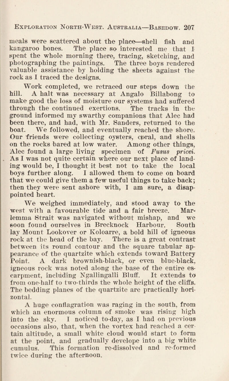 meals were scattered about the place—shell fish and kangaroo bones. The place so interested me that I spent the whole morning there, tracing, sketching, and photographing the paintings. The three boys rendered valuable assistance by holding the sheets against the rock as I traced the designs. Work completed, we retraced our steps down the hill. A halt was necessary at Angalo Billabong to make good the loss of moisture our systems had suffered through the continued exertions. The tracks in the ground informed my swarthy companions that Alec had been there, and had, with Mr. Sanders, returned to the boat. We followed, and eventually reached the shore. Our friends were collecting oysters, cpral, and shells on the rocks bared at low water. Among other things, Alec found a large living specimen of Fusus pricei. As I was not quite certain where our next place of land ing would be, I thought it best not to take the local boys further along. I allowed them to come on board that we could give them a few useful things to take back; then they were sent ashore with, I am sure, a disap¬ pointed heart. We weighed immediately, and stood away to the west with a favourable tide and a fair breeze. Maj> lemma Strait was navigated without mishap, and we soon found ourselves in Brecknock Harbour. South lay Mount Lookover or Koloarre, a bold hill of igneous rock at the head of the bay. There is a great contrast between its round contour and the square tabular ap¬ pearance of the quartzite which extends toward Battery Point. A dark brownish-black, or even blue-black, igneous rock was noted along the base of the entire es¬ carpment, including Ngallingalli Bluff. It extends to from one-half to two-thirds the whole height of the cliffs. The bedding planes of the quartzite are practically hori zontal. A huge conflagration was raging in the south, from which an enormous column of smoke was rising high into the sky. I noticed to-day, as I had on previous occasions also, that, when the vortex had reached a cer tain altitude, a small white cloud would start to form at the point, and gradually develope into a big white cumulus. This formation re-dissolved and re-formed twice during the afternoon.