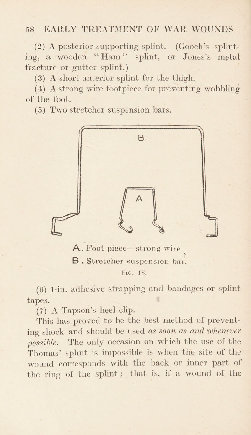 (2) A posterior supporting splint. (Gooch’s splint¬ ing, a wooden “Ham” splint, or Jones’s metal fracture or gutter splint.) (3) A short anterior splint for the thigh. (4) A strong wire footpiece for preventing wobbling of the foot. (5) Two stretcher suspension bars. Fig. 18. (6) 1-in. adhesive strapping and bandages or splint tapes. (7) A Tapson’s heel clip. This has proved to be the best method of prevent¬ ing shock and should be used as soon as and whenever possible. The only occasion on which the use of the Thomas’ splint is impossible is when the site of the wound corresponds with the back or inner part of the ring of the splint ; that is, if a wound of the