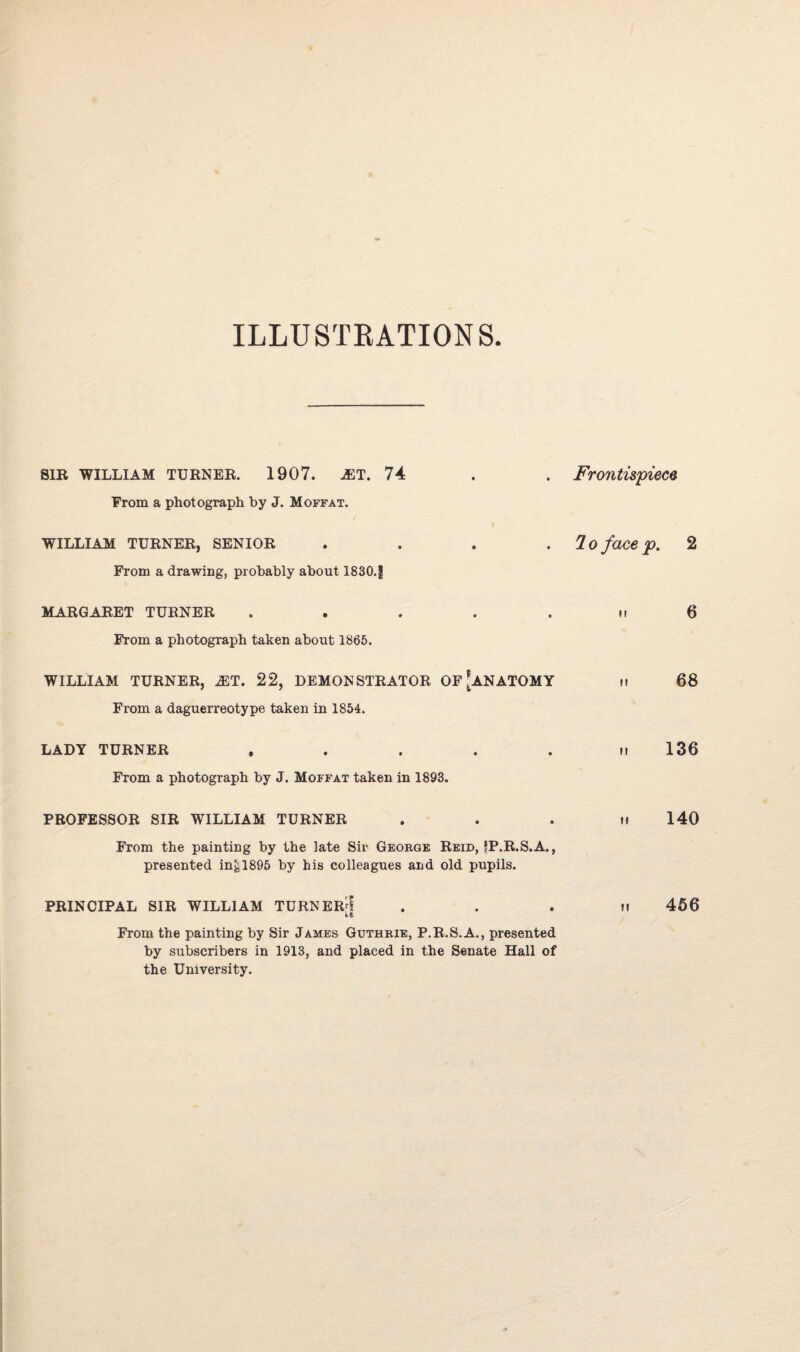 ILLUSTRATIONS SIR WILLIAM TURNER. 1907. jet. 74 . . Frontispiece From a photograph by J. Moffat. WILLIAM TURNER, SENIOR . . . . 10 face p. 2 From a drawing, probably about 1830.| MARGARET TURNER . . . . . ii 6 From a photograph taken about 1865. WILLIAM TURNER, JET. 22, DEMONSTRATOR OF'ANATOMY it 68 From a daguerreotype taken in 1854. LADY TURNER ..... n 136 From a photograph by J. Moffat taken in 1893. PROFESSOR SIR WILLIAM TURNER . . . n 140 From the painting by the late Sir George Reid, fP.R.S.A., presented in£1895 by his colleagues and old pupils. PRINCIPAL SIR WILLIAM TURNER?! . . . m 456 left From the painting by Sir James Guthrie, P.R.S.A., presented by subscribers in 1913, and placed in the Senate Hall of the University.