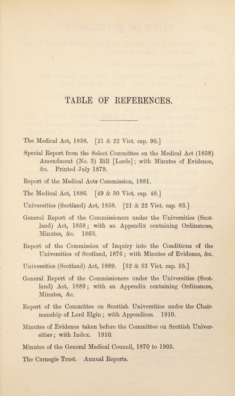 The Medical Act, 1858. [21 & 22 Viet. cap. 90.] Special Report from the Select Committee on the Medical Act (1858) Amendment (JSTo. 3) Bill [Lords]; with Minutes of Evidence, &c. Printed July 1879. %/ Report of the Medical Acts Commission, 1881. The Medical Act, 1886. [49 & 50 Yict. cap. 48.] Universities (Scotland) Act, 1858. [21 & 22 Yict. cap. 83.] General Report of the Commissioners under the Universities (Scot¬ land) Act, 1858; with an Appendix containing Ordinances, Minutes, &c. 1863. Report of the Commission of Inquiry into the Conditions of the Universities of Scotland, 1876; with Minutes of Evidence, &c. Universities (Scotland) Act, 1889. [52 & 53 Yict. cap. 55.] General Report of the Commissioners under the Universities (Scot¬ land) Act, 1889; with an Appendix containing Ordinances, Minutes, &c. Report of the Committee on Scottish Universities under the Chair¬ manship of Lord Elgin ; with Appendices. 1910. Minutes of Evidence taken before the Committee on Scottish Univer¬ sities; with Index. 1910. Minutes of the General Medical Council, 1870 to 1905. The Carnegie Trust. Annual Reports.