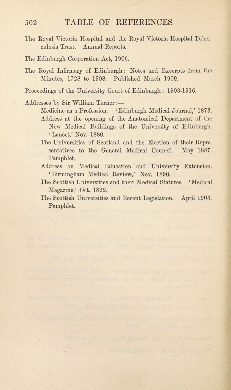 The Eoyal Victoria Hospital and the Eoyal Victoria Hospital Tuber¬ culosis Trust. Annual Eeports. The Edinburgh Corporation Act, 1906. The Eoyal Infirmary of Edinburgh : Notes and Excerpts from the Minutes, 1728 to 1908. Published March 1909. Proceedings of the University Court of Edinburgh : 1903-1916. Addresses by Sir William Turner :— Medicine as a Profession. ‘Edinburgh Medical Journal/ 1873. Address at the opening of the Anatomical Department of the New Medical Buildings of the University of Edinburgh. ‘Lancet/ Nov. 1880. The Universities of Scotland and the Election of their Eepre- sentatives to the General Medical Council. May 1887. Pamphlet. Address on Medical Education and University Extension. ‘Birmingham Medical Eeview/ Nov. 1890. The Scottish Universities and their Medical Statutes. ‘Medical Magazine/ Oct. 1892. The Scottish Universities and Eecent Legislation. April 1903. Pamphlet.