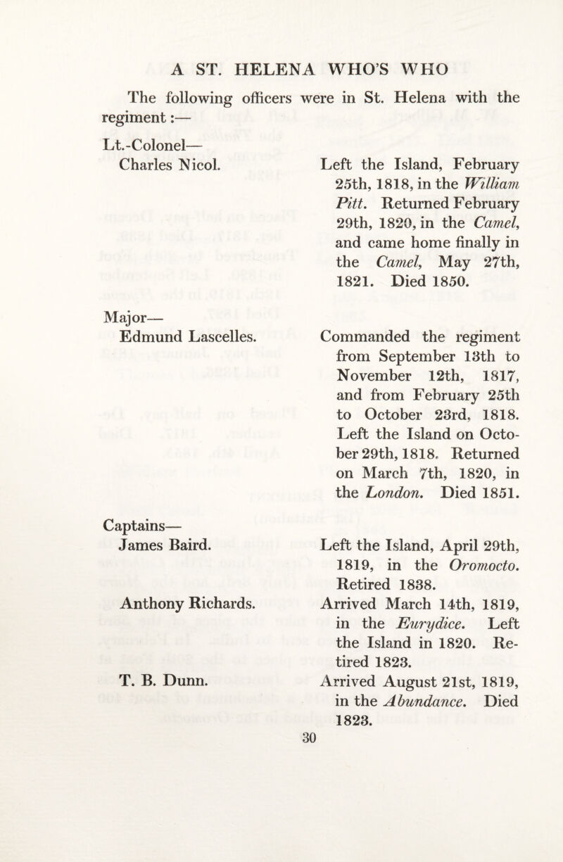 The following officers were in St. Helena with the regiment:—- IA-Colonel— Charles Nieol Left the Island, February 25th, 1818, in the William Pitt. Returned February 29th, 1820, in the Camel, and came home finally in the Camel, May 27th, 1821. Died 1850. Major— Edmund Lascelles. Commanded the regiment from September 13th to November 12th, 1817, and from February 25th to October 23rd, 1818. Left the Island on Octo¬ ber 29th, 1818. Returned on March 7th, 1820, in the London. Died 1851. Captains— James Baird. Left the Island, April 29th, 1819, in the Oromocto. Retired 1838. Anthony Richards. Arrived March 14th, 1819, in the Eurydice. Left the Island in 1820. Re¬ tired 1823. T. B. Dunn. Arrived August 21st, 1819, in the Abundance. Died 1823.