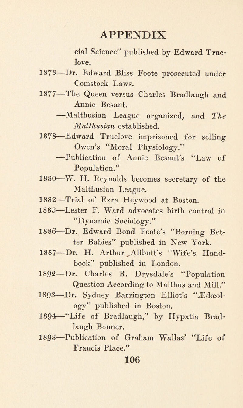 cial Science” published by Edward True- love. 1873—Dr. Edward Bliss Foote prosecuted under Comstock Laws. 1877— The Queen versus Charles Bradlaugh and Annie Besant. —Malthusian League organized, and The Malthusian established. 1878— Edward Truelove imprisoned for selling Owen’s “Moral Physiology.” —Publication of Annie Besant’s “Law of Population.” 1880—W. H. Reynolds becomes secretary of the Malthusian League. 1882— Trial of Ezra Heywood at Boston. 1883— Lester F. Ward advocates birth control in “Dynamic Sociology.” 1886— Dr. Edward Bond Foote’s “Borning Bet¬ ter Babies” published in New York. 1887— Dr. H. Arthur ^.Allbutt’s “Wife’s Hand¬ book” published in London. 1892— Dr. Charles R. Drysdale’s “Population Question According to Malthus and Mill.” 1893— Dr. Sydney Barrington Elliot’s “iEdoeol- ogy” published in Boston. 1894— “Life of Bradlaugh,” by Hypatia Brad- laugh Bonner. 1898—Publication of Graham Wallas’ “Life of Francis Place.”