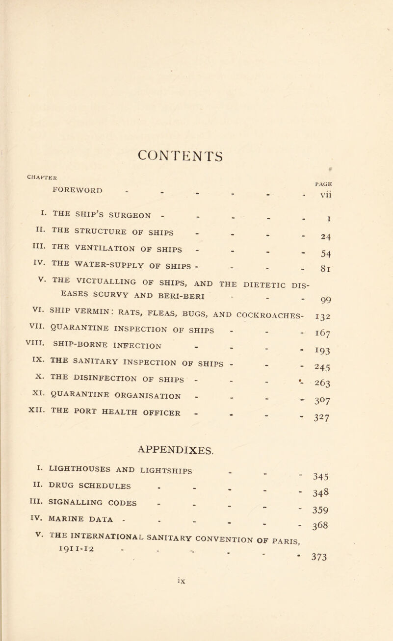 CONTENTS CHAPTER FOREWORD PAGE vii I. the ship’s surgeon - II. THE STRUCTURE OF SHIPS III. THE VENTILATION OF SHIPS IV. THE WATER-SUPPLY OF SHIPS - V. VI. VII. VIII. IX. X. XI. XII. THE VICTUALLING OF SHIPS, AND THE DIETETIC DIS EASES SCURVY AND BERI-BERI SHIP VERMIN: RATS, FLEAS, BUGS, AND COCKROACHES- QUARANTINE INSPECTION OF SHIPS - SHIP-BORNE INFECTION THE SANITARY INSPECTION OF SHIPS - THE DISINFECTION OF SHIPS * QUARANTINE ORGANISATION - THE PORT HEALTH OFFICER 132 167 193 245 263 3°7 327 APPENDIXES. I. LIGHTHOUSES AND LIGHTSHIPS II. DRUG SCHEDULES III. SIGNALLING CODES - IV. MARINE DATA - V. THE INTERNATIONAL SANITARY CONVENTION OF PARIS I9II-I2 345 348 359 368 373