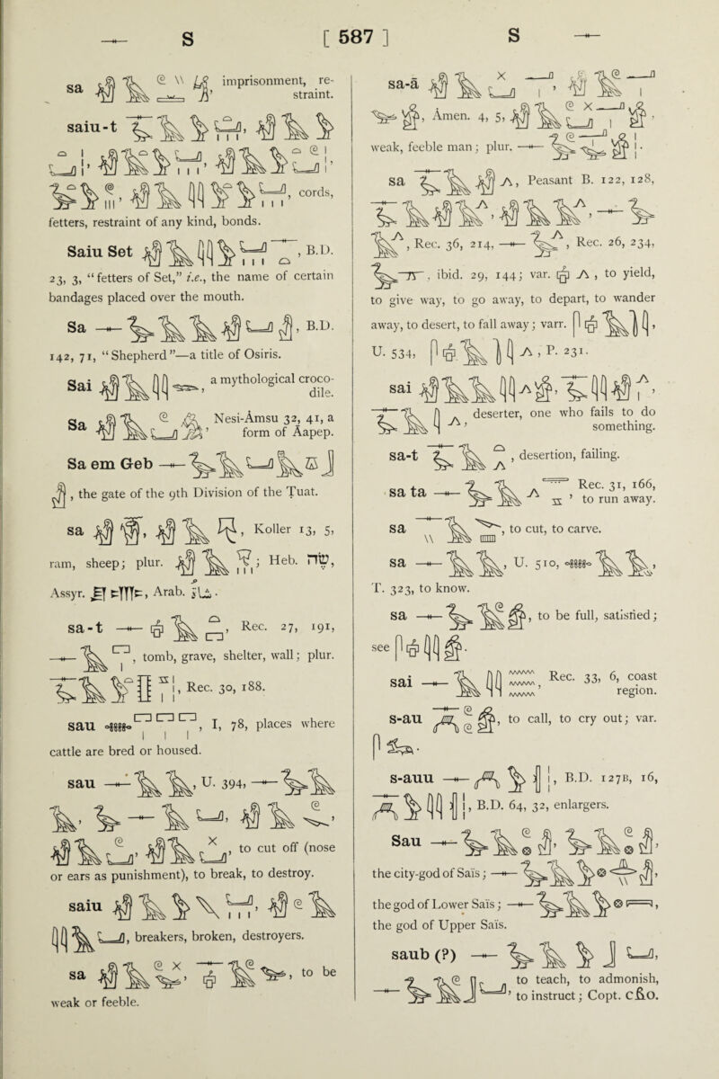 @ w imprisonment, re¬ straint. sa ^ saiu't Is^^Vrf 4 ill-4 fetters, restraint of any kind, bonds. Saiu Set ^ KJi- 23, 3* “fetters of Set,” i.e., the name of certain bandages placed over the mouth. Sa — 142, 71, “Shepherd”—a title of Osiris. Sai am>'tholo«icalcr°“- Sa ^ V-!\ Nesi-Amsu 32, 41, a form of Aapep. Sa em Geb L-4 sj , the gate of the 9th Division of the Tuat. Sa ^ ^ Ik K°ller I3> 5’ ram, sheep; plur. ^ '> Heb. Hto, Assyr. JEJ Arab. . sa-t & C2 , Rec. 27, 191, cm iCM sau s 1 1 1 1 1 cm cm cm 1 1 1 cattle are bred or housed. tomb, grave, shelter, wall; plur. , Rec. 30, 188. , I, 78, places where sau , u. 394, —' © off(nose or ears as punishment), to break, to destroy. saiu [|[| mi. breakers, broken, destroyers. sa to be weak or feeble. X L=J sa-a ^ ^6 Amen. 4, 5, Jjj| weak, feeble man; plur. —« (2 X-a £_/I I 1. sa A, Peasant B. 122, 128, a a Rec. 36, 214, A , Rec. 26, 234, rsr, ibid. 29, 144; var. A , to yield, to give way, to go away, to depart, to wander away, to desert, to fall away; varr. 1 [g] [ , U. 534, sai i & - R 23‘- A A ~2~Ik A deserter, one who fails to do Sr* Iws S ^ ’ something. sa-t ^ sa ta —«- sa A , desertion, failing. A Rec. 31, 166, s ’ to run away. \\ (mm sa , to cut, to carve. , U. 510, T. 323, to know. sa 1, to be full, satisried; see sai M /WVW\ AAA/WV , /WVW\ Rec. 33, 6, coast region. (2 var. S-au to call, to cry out; v, s-auu —<— | !, B.D. 127B, 16, aM Sau —1 I, B.D. 64, 32, enlargers. © t he city-god of Sals; —*— © <—> , the god of Lower Sais; —*— , the god of Upper Sais. saub (?) — ^ ^ ^ J 0, (s nr to teach, to admonish,  ^==^’ to instruct; Copt. C&O.