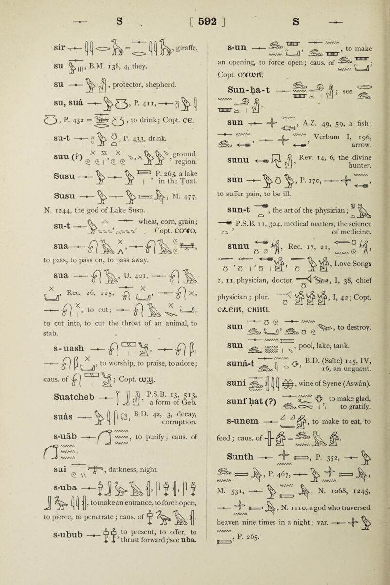 , giraffe. SU ^ |||, B.M. 138, 4, they. su , protector, shepherd. su, sua —— G,p. 432 = ^3^ , to drink; Copt. C€. su_t ^ 0 , P. 433, drink. SUU (?) x H, X^ \>, X v ' £ @ I @ @ ground, ’ region. Susu Susu 3=3 P. 265, a lake Jf Jf I ’ in the Tuat. M. 477, N. 1244, the god of Lake Susu. ^ —H— wheat, corn, grain; Copt. COTO. X XdlL ©. su-t sua fl j\ fitk £ to pass, to pass on, to pass away. sua U. 401, —— fj ila’ Rec' 26> 225’ l\iln’ -—#]?• ,0 cu,; — to cut into, to cut the throat of an animal, to stab. 3a s - uash - -Mil caus. of ^ | fl I fl P- I Suatcheb suas — , to worship, to praise, to adore; ; Copt. uocy. ^_T 11 $ P-S.B. 13, 513, U Li ’ a form of Geb. A fl Q BD- 42, 3> decay, V H I ’ corruption. s-uab n /WWA AAAAAA . AAAAAA n ftAAAAft, to purify; caus. of SUi ^ lr~gH, darkness, night. s-uba -fJ Pf fl*Pf , to make an entrance, to force open, to pierce, to penetrate; caus. of s-ubub to present, to offer, to ’ thrust forward ^ee uba. s-un iniiiiii d-f] ’ an opening, to force open; caus. of Copt, cnrum. Sun-ha-t —. , to make TTTTTTTTr ja unnnr ^ | Sa * HTTTTTTT Cn , see sun - »- /WWA 4 AZ- 49, 59, a fish; AAAAAA sunu +-m sun — 4* Verbum I, 196, arrow. TTl & Rev. 14, 6, the divine T id ’ hunter. 0 ^,P-i7o, to suffer pain, to be ill. SUn-t , the art of the physician; ^ d . m P.S.B. t t, 304, medical matters, the science a ’ of medicine. sunu o „ u, Rec. 17, 21, ■ u , O S h' AAAAAA© ■V wwv , 0 O 10 I 0 >, Love Songs 2, 11, physician, doctor, I, 38, chief physician; plur. c^em, cHini. -< o sun —H— 0 (3 —H— /www 1, I, 42 ; Copt. , to destroy. sun suna-t /WWW ^ ■■ -( AAAAAA j pool, lake, tank AAAAAA IV*1 7 7 AAAAAA I V -H- AAAAAA 1 ^ B.D. (Saite) 145, IV, 16, an unguent. sum (1(1# , wine of Syene (Aswan). sunfhat(?) A a s-unem fff' ‘O' to make glad, I \ to gratify. >, to make to eat, to feed; caus. of -fl- ^ U r—.l AAAAAA Sunth —4f— 4* s=i, P. 352, M. 531, AAAAAA , P. 467, - AAAAAA , N. 1068, 1245, •, N. 1110, a god who traversed heaven nine times in a night; var. —h— «=|=» AAAAAA __P- 265.