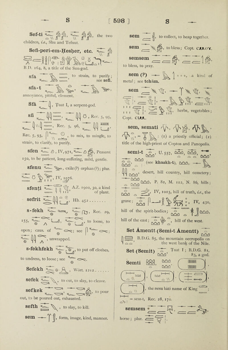 Seftt^?F* the two children, /.£., Shu and Tefnut. Sefi-peri-em-Hesher, etc. nr“D § I BJ). 164, 8, a title of the Sun-god. sfa D.5 1 w sem sem , to collect, to heap together. semsem AAAAAA A/WVV\ . to strain, to purify; see sefi. sfa-t to bless, to pray. sem (?) - to bless; Copt. CJULOT. a OOO, a kind of annoyance, pitiful, clement. Sfa (, Tuat I, a serpent-god. II 0 , Rec. 5, 9j, ^AO metal; see tcham. sem or, 1 4r (3 I <C !• — ^ sfi AAAAAA - AAAAAA ? AAAAAA ^ f\ f\ AAAAAA (I \\ (I /wwv\5 Rec. 5, 96, I AAAAAA HEFT s_fl , 1 I Tjj ]> ^ ^5’ herbs^ vegetables; Copt. CIJUl. sem, semati r^S, Rec 5> 93) u ) to m'x, to mingle, to | > = 'Y* : (1) a priestly official; (2) \\ strain, to clarify, to purify. sfen & 5 IV, 971, £> Q3i, Peasant /wwv\ 2d 15°, to be patient, long-suffering, mild, gentle. Sfenu t exile (?) orphan (?); plur. AAAAAA ° iy. 'v6- A.Z. 1900, 30, a kind title of the high-priest of Coptos and Panopolis. A^XA’ semi-t ^ , u. k<7, rv^A a^a ^ ^ (W)’ — (X/VQ (see khaskh-t), a/x/i, — I ’ AAAAAA (X/\/) - n^v^i , desert, hill country, hill cemetery; sfenti AAAAAA sefrit 111 o (3 of plant. o A^VA —H AAAAAA £2* Cs24, P. 82, M. 112, N. 86, hills; ( ( ^ a ) Hh- 452 ^7r|) IV, 1015, hill of truth, *>., the grave; <=> —'■KS? s-fekh ^ —M !55) ^ .A Vu open; caus. of ((j 5 unwrapped. ; see Rec- 29) , to loose, to hill of the spirit-bodies; —H- AAAAAA u 0 , IV, 430, tJ0*3* hill of the east: Q ! A-^VA (vvi ^ J , hill of the west. Set Amentt (Semi-t Amentt) 7 A^A s-fekhfekh ^ n, to put off clothes, 0 B-IVG. 85, the mountain necropolis on ^ f la ^ xxr/^cf Koralr r\f fkn Set (Semit) to undress, to loose; see =— ® , Wort. 1212. ... the west bank of the Nile. Tuat I ; B.D.G. 81, 83, a god. rv^A Sefekh Semti |w!, sefek * to cut, to slay, to cleave. W i\^ \\ sefkek to pour w , the nesu bati name of Kin out, to be poured out, exhausted. Sefth , to slay, to kill. sem —h— ^ jj, form, image, kind, manner. sem-t, Rec. 28, 170. semsem • horse; plur. crz. ^ !•
