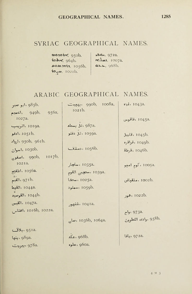 SYRIAC GEOGRAPHICAL NAMES. OoO.TGir< 950b. io£>r< 964b. •po.fiajssvi, 1056b. 1021b. 972a. ncAuiS, 1007 a. 968b. ARABIC GEOGRAPHICAL NAMES. ^-Jb 985b. 990b, 1008a, X ^ I 043^* 949b, 956a> 102 ib. 1027a. I045a* 1019a. ^i^wj jj ’ 9 8 7a* 1051b. Jo, i059a- Jjkjli*, 1045 b. jy, 950b, 961b. *93^.3, 1049b. <5V~b 1030b. l1056b. XI93, 1046b. 990b, 1017b, 102 ia. jLsC*, 1035^ ^ 1005a. g\ibb 1056a. J . I039a- ■f s' ^xilb 97lb. liew, 1025a. . 1002 b. kJUb 1044a. , 1059b. , 1044b* jyt>, 1022b. 1047a. I04ia. 1016b, 1022a. 973a- WU>, 1036b, 1064a. <«!,, 958b- c , 951a. l$Ju , 989a. Ac, 968b. UL, 972a. 978a- 960a.