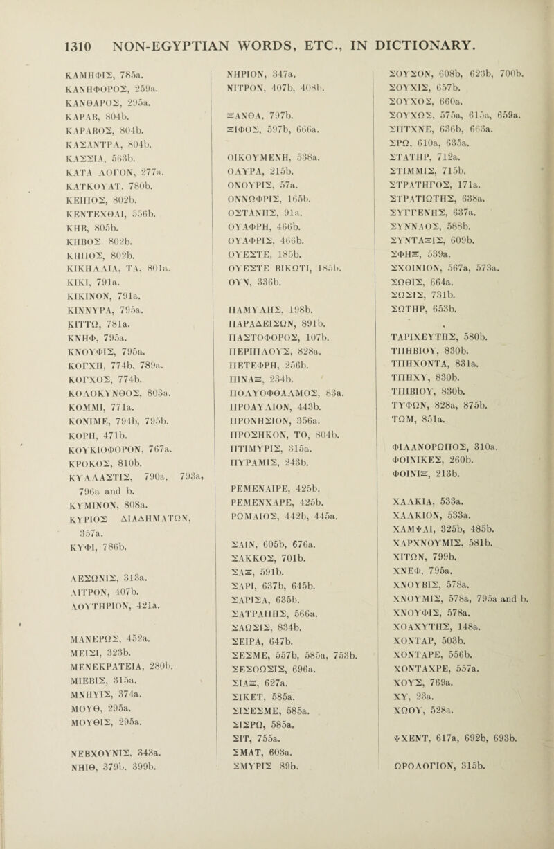 KAMH<DIS, 785a. KANH<I>0P02, 259a,. KAN0APOS, 295a. KAPAB, 804b. KAPABOS, 804b. KASANTPA, 804b. KASSIA, 563b. KATA AOrON, 277^. KATKOYAT, 780b. KEIIIOS, 802b. KENTEX0AI, 556b. KHB, 805b. KHBOS. 802b. KH1IOS, 802b. KIKHAAIA, TA, 801a. KIKI, 791a. KIKINON, 791a. KINNYPA, 795a. KITTQ, 781a. KNH4>, 795a. KNOY0>IS, 795a. KOrXH, 774b, 789a. KOrXOS, 774b. KOAOKYNOOS, 803a. KOMMI, 771a. K0NIME, 794b, 795b. KOPH, 471b. KOYKIO<J>OPON, 767a. KPOKOS, 810b. KYAAASTIS, 790a, 793a 796a and b. KYMINON, 808a. KYPIOS AlAAHMATQX, 357a. KY<t>I, 786b. AESQNIS, 313a. AITPON, 407b. AOYTHPION, 421a. MANEPQS, 452a. MEISI, 323b. MENEKPATEIA, 280b. MIEBIS, 315a. MNHYIS, 374a. M0Y0, 295a. MOY0IS, 295a. NEBXOYNIS, 343a. NHI0, 379b. 399b. NHPION, 347a. NIPPON, 407b, 408b. SAN0A, 797b. SbtOS, 597b, 666a. OIKOYMENH, 538a. OAYPA, 215b. ONOYPIS, 57a. ONNQTPIS, 165b. OSTANHS, 91a. OYA<t>PH, 466b. OYA4>PIS, 466b. OYESTE, 185b. OYESTE BIKQTI, 185b. OYN, 336b. DAMYAHS, 198b. IIAPAAEISQN, 891b. ElASTOcDOPOS, 107b. HEPinAOYS, 828a. 1IETE<DPH, 256b. II IN AS, 234b. riOAYO<D0AAMOS, 83a. riPOAYAION, 443b. 1IPONHSION, 356a. 1IPOSHKON, TO, 804b. 1ITIMYPIS, 315a. I4YPAMIS, 243b. PEMENAIPE, 425b. PEMENXAPE, 425b. PQMAIOS, 442b, 445a. SAIN, 605b, 676a. SAKKOS, 701b. 2AS, 591b. SAPI, 637b, 645b. SAPISA, 635b. SATPAIIHS, 566a. SAQSIS, 834b. SEIPA, 647b. SESME, 557b, 585a, 753b. SESOQSIS, 696a. SI AS, 627a. SIKET, 585a. SISESME, 585a. SISPO, 585a. SIT, 755a. SMAT, 603a. SMYPIS 89b. SOYSON, 608b, 623b, 700b. SOYXIS, 657b. SOYXOS, 660a. SOYXQS, 575a, 615a, 659a. SIITXNE, 636b, 663a. SPQ, 610a, 635a. STATHP, 712a. STIMMIS, 715b. STPATHrOS, 171a. STPATIQTHS, 638a. SYETENHS, 637a. SYNNAOS, 588b. SYNTASIS, 609b. S<PHS, 539a. SXOINION, 567a, 573a, SQOIS, 664a. SQSIS, 731b. SQTHP, 653b. % TAPIXEYTHS, 580b. T1IHBIOY, 830b. TITHXONTA, 831a. TI1HXY, 830b. TEIIBIOY, 830b. TY$QN, 828a, 875b. TQM, 851a. <1)IAAN0PQOOS, 310a. (DOINIKES, 260b. 4>OINIS, 213b. XAAKIA, 533a. XAAKION, 533a. XAM’EAI, 325b, 485b. XAPXNOYMIS, 581b. XITQN, 799b. XNE<P, 795a. XNOYBIS, 578a. XNOYMIS, 578a, 795a and b. XN0Y$IS, 578a. XOAXYTHS, 148a. XONTAP, 503b. XONTAPE, 556b. XONTAXPE, 557a. XOYS, 769a. XY, 23a. XQOY, 528a, *XENT, 617a, 692b, 693b. OPOAOriON, 315b.