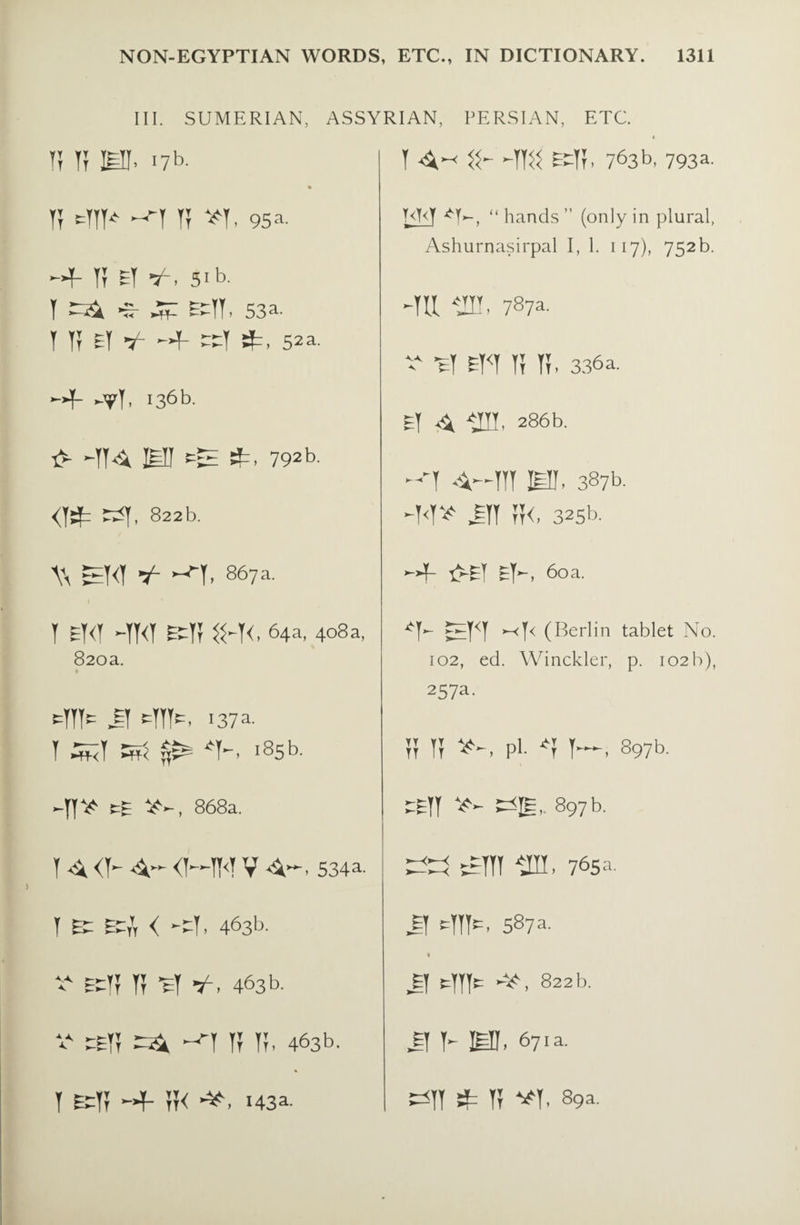 III. SUMERIAN, ASSYRIAN, PERSIAN, ETC. If I? IeII. 17 b. % I A-* -IHI E-Tf, 763b, 793a- I? ~TTT* ~ I I? *T, 95 a. T<T<T “ hands ’’ (only in plural, Ashurnasirpal I, 1. 117), 752 b. -»f I? El -7. 5>b. T 4? EcII, 53a- I It El A eel 4=, 52a. -ill tin, 787a. ^ Tl ETH If If, 336a. -4- -vl. 136 b. El A *ffl, 286b. -HA MI 4=. 792b. ~ I A—HI IeIJ, 387b. <14: SSJ, 822b. -HI* eh h<, 325b. \\ ^KI 4- 867 a. 1 -4 i>-ET eT—, 60a. I eKI -IKI ejH? IH<, 64a, 408a, 820a. • 4- tEHI ~H< (Berlin tablet No. 102, ed. Winckler, p. 102b), -III- El -Hit, .37a. I 5^1 ss$ *1-, .85 b. 257a. ?f If pi- 4 I—, 897b. -JT* tE V-, 868a. ten ^Ie, 897 b. TA<T-A~<MT<TVA~. 534a. £53 t^HT *JII. 765 a. I E£ EC,’, < -4[, 463b- E( fHIt, 587 a. 1 ^ ecH H tl 4, 463 b. Ef tHft AN 822b. v CEI? sfc -^T If If, 463b. J! I- M> 671a. I Eclf -4- ff< AN 143a- J=HI £ If ^1. 89a.