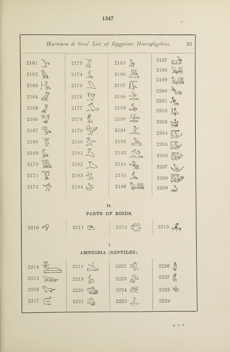 Harrison & Sons’ List of Egyptian Hieroglyphics. 33 2161 ^ 2173 2 2185 ^ 2162 ^ 2174 4 2186 d. ‘i 2163 14 2175 /WVW\ 2187 14 2164 2176 2188 ^ 2165 J 2177 2189 2166 SJ 2178 ^ A,£v 2190 ^ 2167 2179 2191 'WVWN 2168 ^ 2180 2192 ^ 2L69 ^ 2181 ^ 2193 2170 Ik 2!82 2194 ^ 2171 'f 2183 ^ 2195 A. 2172 ^ 2184 ^ 2196 2210 ^ H. PARTS OF BIRDS. 2211 2212 AMPHIBIA (REPTILES). 2197 ^ 2198 5^ 2199 2200 \ji 2201 & 111 ft IB 2202 AL —'f- J 2203 2204 2205 2206 2207 ^ 2208 2209 2213 ^ 2214 _ 2218 2222 4 2226 | 1—-1 2215 ^sa,. 2219 in 2223 $£ 2227 | 2216 2220 2224 fg 2228 ^ 2217 2221 ^ 2225 j? 2229 4 Q 2