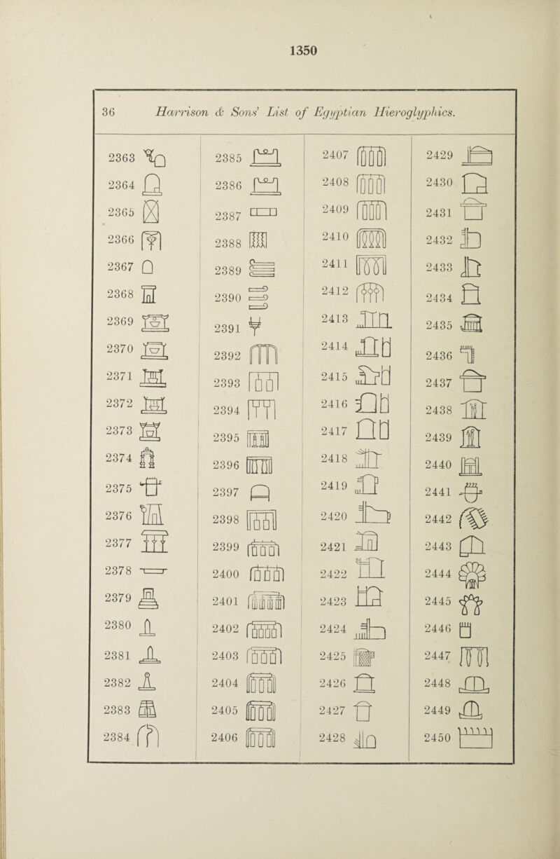 36 Harrison & Sons List of Egyptian Hieroglyphics. 2363 2364 Q 2365 2366 (Y| 2367 Q 2368 H 2369 TST 2370 ' 2373 2374 U7 2375 2376 2377 Iff 2378 -t=t 2379 2380 2381 JL 2382 . K . 2383 2384 ([ 2385 m 2386 2387 LL-U 2388 2407 (jjfifi) 2408 □ SI 2389 i 2390 2391 V 2392 2409 f0fl 2410 Jj 2411 2412 2«3 HU 2414 HtJ 2395 2396 2397 2398 2417 2418 2419 £f 2420 LU 2399 (tSti 2400 rStrSi 2401 2421 d 2422 2423 n 2402 2403 fjgfl 2404 fjH 2405 H3 2424 - n □ 2425 2426 2406 JEHjD 2427 2428 2371 ^ 2393 (}[] 2415 2437 2372 'fy' 2394 W 2416 1 2438 [II O 2429 2430 2431 2432 2433 2434 Q 2435 ^ iiunr 2436 m 2439 2440 2441 ^04, 2442 (%$ 2443 [Tl 2444 2445 2446 (^j 2447 Ml 2448 2449 ^ 2450 j1111