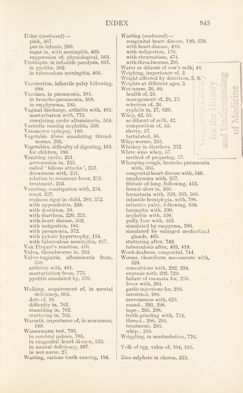 Urine (continued)—• pink, 567. pus in infants, 280. sugar in, with meningitis, 460. suppression of, physiological, 563. Urotropin, in infantile paralysis, 697. in pyelitis, 582. in tuberculous meningitis, 466. Vaccination, infantile palsy following, 688. Vaccines, in pneumonia, 381. in broncho-pneumonia, 368. in emphysema, 395. Vaginal discharge, arthritis with, 481. masturbation with, 775. simulating cyclic albuminuria, 564. Varicella causing nephritis, 550. Vasomotor epilepsy, 180. Vegetable fibres simulating thread¬ worms, 293. Vegetables, difficulty of digesting, 168. for children, 188. Vomiting cyclic, 251. acetoncemia in, 253. called ‘ bilious attacks 251. drowsiness with, 251. relation to recurrent fever, 255. treatment, 253. Vomiting, constipation with, 204. renal, 257. replaces rigor in child, 280, 372. with appendicitis, 248. with dentition, 10. with diarrhoea, 220, 221. with, heart disease, 502. with indigestion, 181. with pneumonia, 372. with pyloric hypertrophy, 154. with tuberculous meningitis, 457. Von Pirquct’s reaction, 416. Vulva, threadworms in, 293. Vulvo-vaginitis, albuminuria from, 550. arthritis with, 481. masturbation from, 775. pyelitis simulated by, 576. Walking, acquirement of, in mental deficiency, 605. date of, 16. difficulty in, 762. stumbling in, 762. stuttering in, 763. Warmth, importance of, in marasmus, 149. Wassermann test, 793. in cerebral palsies, 705. in congenital heart disease, 535. in mental deficiency, 597. in wet-nurse, 27. Wasting, carious teeth causing, 194. Wasting (continued)— congenital heart disease, 140, 539. with heart disease, 4S9. with indigestion, 176. with rheumatism, 474. with threadworms, 291. Water as diluent of cow’s milk, 44. Weighing, importance of, 2. Weight affected by dentition Weights at different ages, 3. Wet-nurse, 26, 60. health of, 26. management of, 28, 29. selection of, 26. syphilis in, 27, 820. Whey, 42, 55. as diluent of milk, 42. composition of, 55. sherry, 57. tartarated, 56. Whip-worms, 295. Whiskey in diarrhoea, 232. White wine whey, 57. • method of preparing, 57. Whooping-cough, broncho-pneumonia with, 365. congenital heart disease with, 546. emphysema with, 357. fibrosis of lung, following, 415. frsenal ulcer in, 366. hsematuria with, 550, 553, 566. infantile hemiplegia, with, 706. infantile palsy, following, 6S8. laryngitis with, 330. nephritis with, 550. puffy face with, 553. simulated by empyema, 386. simulated by enlarged mediastinal glands, 405. stuttering after, 749. tuberculosis after, 403, 419. Word-deafness, congenital, 744. Worms, choreiform movements with, 524. convulsions with, 292, 294. enuresis with, 292, 729. failure of enemata for, 296. fever with, 284. garlic injections for, 296. intestinal, 286. nervousness with, 628. round-, 293, 298. tape-, 295, 298. teeth-grinding with, 784. thread-, 2S6, 296. treatment, 296. whip-, 295. Wriggling, in masturbation, 776. Yolk of egg, value of, 104, 186. Zinc sulphate in chorea, 530. , 3, 9. O o ■ca n i C) XJ cs p c a QJ O