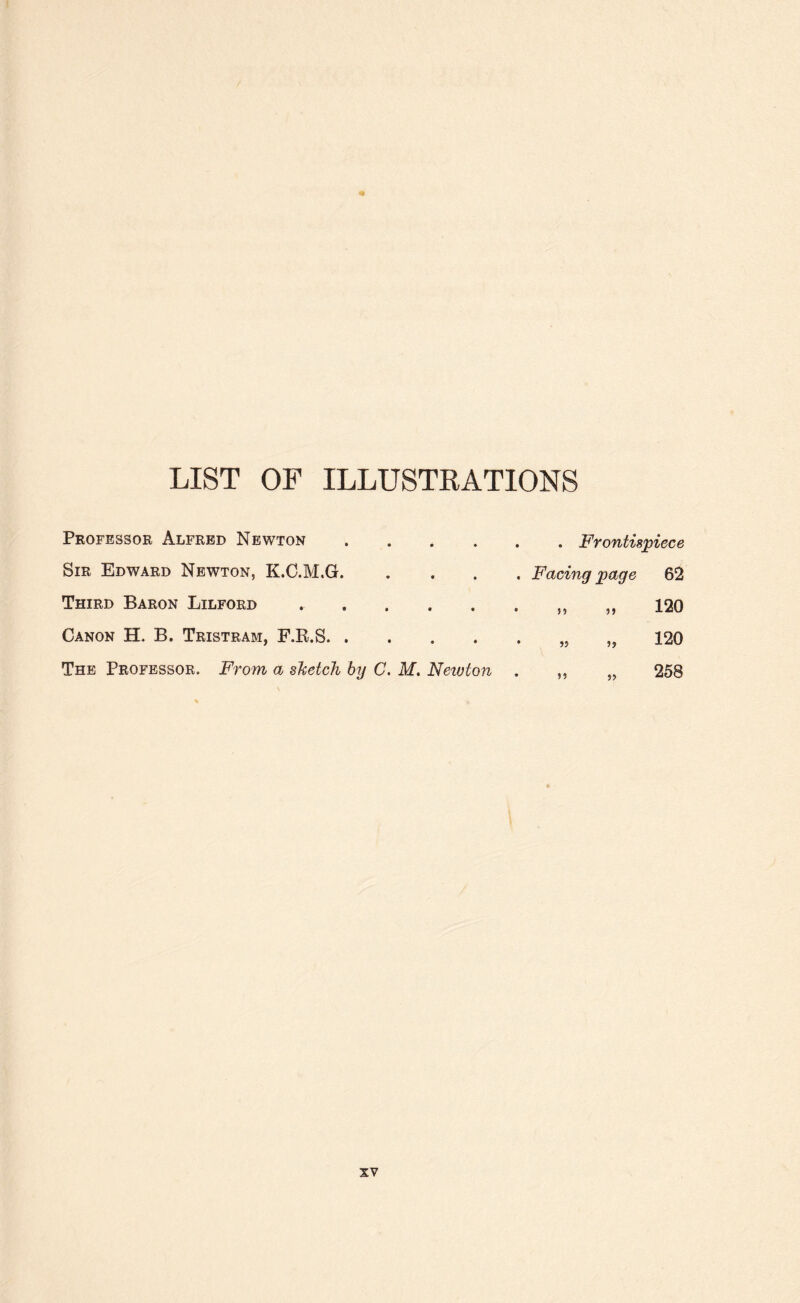 LIST OF ILLUSTRATIONS Professor Alfred Newton .... Sir Edward Newton, K.C.M.G. Third Baron Lilford ..... Canon H. B. Tristram, F.R.S. The Professor. From a sl^etcJi by C. M. Neivton . . Frontispiece . Facing page 62 120 n 120 258