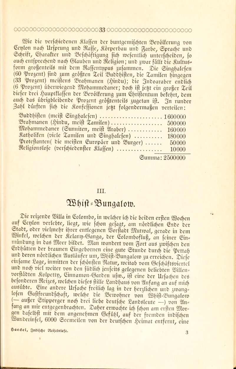 2Öic bie »crfcbicbcncn Stoffen bcr buntgemifcfjten 23e»otl:erung »on Gepton nach Urfprung unb 9laffe, Körperbau unb garbe, Sprache unb ©dfjrift, ©jarafter unb S3cfcf)dftigung fic^ mcfentlidf; unterbleiben, fo oud) entfprccf;cnb nacfj ©tauben unb SKettgion; unb jroar fallt bie ÄuttuS* form großenteils mit bem ÖlaffentppuS jufammen. Sie ©tngfjalefen (60 ^rojent) finb junt größten Seit 23ubbt;tjlen, bie Samitcn hingegen (33 ^rojent) mciftcnS 25rafjmanen (ijinbu); bie ^nboaraber enbtid^ (6 ^)rojent) uberroiegenb Sflofjammebaner; bocf) ift jc^t ein großer £cit biefer brei #auptflaffen ber 33e»otferung jum (Etjriftenlum befefjrt, bem aueb baS übrigbteibenbe ^rojent größtenteils jugetan ift. 3n runber 3af;t bürften ficf> bie Äonfcffionen jegt fotgenbermaßen »erteilen: 23ubbf;iften (meift ©ingfjatefen). 1600000 23raf)nianen (Jpinbu, meift Hamiten). 500000 SDlofjammebaner (Sunniten, meift Araber). 160000 $atf;otifcn (oiele Samitcn unb ©ingfjatefen) . 180000 9)rotejlanten( bie meiften (Europäer unb Bürger). 50000 Religion Stofe (»erfdf>iebenfter klaffen) . 10000 ©umma: 2500000 III. ®f)tfb33unga(oto. Sie reijenbe Sßitta in (Eotombo, in roetefjer icfj bie betben erften SBocfjcn auf (Ecpton »erlebte, liegt, wie fefjon gefagt, am norbticf)en (Enbe ber ©tabt, ober »ictmefjr ifjrer entlegenen SBorftabt SÄutmal, gcrabe in bem 2Binfcf, meieren ber $etanp=@anga, ber (Eotomboftuß, an feiner (Ein= münbung in baS 50?eer bitbet. 9J?an manbert »om gort aus jmtfe^en ben (Erbt;ütten ber braunen (Eingebornen eine gute ©tunbe burcf> bie fettet) unb bereu norbtiefjen Ausläufer um, 2Sf;ift48ungaton> $u erreichen. Siefe etnfame Sage, inmitten ber fefjonften DIatur, meitab »om ©cfcbäftSoicrtct unb noef) »ict mciter »on ben fübtief) fenfeits gelegenen beliebten Bitten* »orfldbten ßotpettp, Sinnamon-©arben ufro., ift eine bcr Urfacfjen beS beförderen SReijeS, melden btefeS ftilte SanbfcauS »on Anfang an auf mict; auSubte. (Eine anbere Urfadfje freitief) tag in bcr fjerjtidjcn unb jroong® ofen ©aftfreunbfct;aft, melcfje bie 23er»of)ner »on 2Öf;ifM23ungaloi» (— außer ©tipperger noef) brei Hebe beutfefje Sanbsteute —) »on 2tn= fang an mir entgegenbracfjtcn. Safjer erroacfyte icfj fd)on am erften SDfor* gen (.afetbft mit bem angenetjmen ©efütjt, auf ber fremben inbifct;cn lßunberinfet, 6000 ©eemetlen »on ber beutfct;cn Jpeimat entfernt, eine 9accfcl, Onbtfc^c Jleifebriefe. q