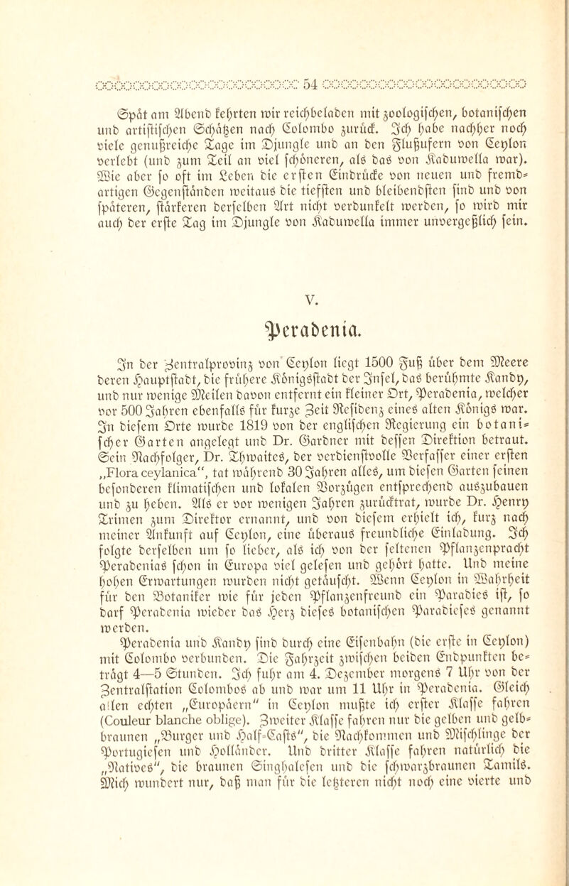 ©pät am 21bcnb fehlten mir reießbetaben mit jootogifeßen, botanifd)en unb arttßifcßen ©cßagen nacf> Colombo juvücf. 3cf) habe nachher nocß vietc genußreiche Sage im ©jungte unb an ben glußufern von Ceplon verlebt (unb jum Set! an viel feßoneren, al« ba« von jtabumelta mar). ®ic aber fo oft im ßeben bie erßen Cinbrücfe von neuen unb fremb* artigen ©egenßanben mcitauö bie tieften unb bletbenbßcn finb unb von fpäteren, ftarferen berfclben 21rt nicht verbunfett merben, fo rvirb mir auch ber erftc Sag im ©jungte von jtabumella immer unvergeßlich fein. V. ^crabenia. Sn ber '^entralprovinj von Ceplon liegt 1500 guß über bem NZcere bereu £auptßabt, bie frühere $onig«ßabt ber Snfet, ba« berühmte Äanbp, unb nur menige Seiten bavon entfernt ein Heiner Drt, ^erabenia, meteßer vor 500 Sabrcn ebenfalls für furje ^eit ^cfibenj eine« atten $6nigö mar. Sn biefem £>rte mürbe 1819 von ber englifchen Regierung ein botani* feße v ©arten angelegt unb Dr. ©arbner mit beffen ©ireftion betraut, ©ein Nachfolger, Dr. Sßmaite«, ber verbienßvotle SQerfaffer einer erßen „Flora ceylanica“, tat maßtenb 30 Sahnen attcö, um biefen ©arten feinen befonberen Himatifchcn unb totalen Sßorjügen cntfprccßcnb au«jubauen unb ju heben. 2tt« er vor menigen Sauren jurüeftrat, mürbe Dr. Ipenrp Srimen jum ©ireftor ernannt, unb von biefem erhielt ich, furg nach meiner Stnfunft auf Ceplon, eine überau« freunblic^e Cintabung. Sch folgte berfetben um fo lieber, alß ich °on ber fcltcnen spftan^enpraeßt sperabenta« fchon in Curopa viet getefen unb gehört hotte. Unb meine hohen Crmartungen mürben nicht getäufcht* 2ßenn Ceplon in 3Baf)r^cit für ben 23otanifer mic für jeben ^ftanjenfreunb ein sparabie« iß, fo barf ^erabenia mteber ba« $erj biefe« botanifchcn ^parabiefe« genannt merben. sperabenia unb $anbp finb bureß eine Cifenbaßn (bie erße in Ccplon) mit Colombo verbunben. ©ie ^aßrjeit jmifeßen beiben Cnbpunften bc= tragt 4—5 ©tunben. Sch fuhr am 4. ©ejember morgen« 7 Ußr von ber ^entralßation Cotombo« ab unb mar um 11 Uhr in ^erabenta. ©leid; ö len ed;ten „Europäern in Ccplon mußte ich erßer klaffe fahren (Couleur blanche oblige). Reiter klaffe faßten nur bie gelben unb gelb* braunen „Bürger unb jjalf=Caß«, bie Nacßfommen unb SNifcßlinge ber ß)ortugicfcn unb ipollanbcr. Unb britter Sllaffe faßten natürlich bie „Native«, bie braunen ©ingßalefcn unb bie fcßmarjbraunen Samil«. $Nicß munbert nur, baß man für bie teueren meßt noeß eine vierte unb