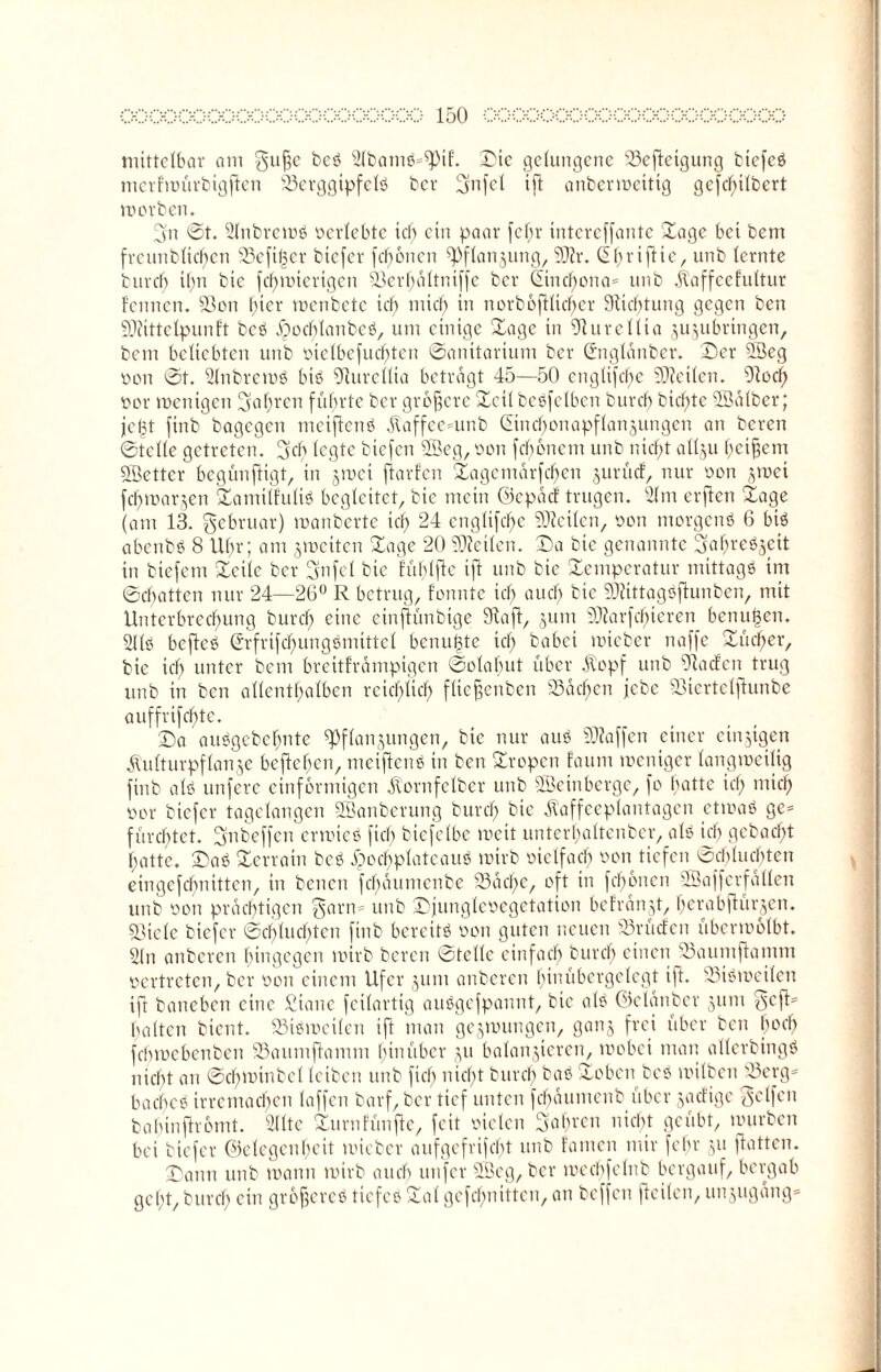 mittelbar am gufje bc» 21bant»=pif. ©ic gelungene Sefteigung ttefcö merfmürbigften Serggipfel» ber 2mfel ift anbermeittg gefd;tlbert morben. 3n ©t. 21nbrem» »erlebte ich ein paar febr intcrcffantc ©age bet bem frcnnbltcben 25e[i|er biefer fd) orten Pflanzung, ©r. (2 f>r i ftie, unb lernte burcl) ihn bic febmtertgen Serbältntffe ber ^tncl)ona= unb Kaffcefultur lernten. Sott l)tcr menbete icf> mtd) in norboftlicber 9ticf)tung gegen ben ©ittelpunft bc» Hocblanbc», um einige ©age in Surellta jujubrtngen, bem beliebten unb »iclbefucbtcn ©anitarium ber Gmglänbcr. ©er ©eg »ott ©t. ©ihrem» bi» Purcllia beträgt 45—50 englifefte ©eilen. Olocp »er menigen fahren führte ber größere ©eil be»felben bureb btcfyte ©älber; je|t ftnb bagegen meiftenö Kaffecmttb @ind)onapflanzungen an beren ©teile getreten. 3 dt legte biefett ©eg, »on feponem unb nicf>t allzu Reifem ©etter begünftigt, in jmei ftarfen ©agentärfeben juruef, nur »on jmet febmarjen ©amüfuli» begleitet, bic mein ©epäcf trugen. 21m erften ©age (am 13. gebruar) manberte ich 24 englifd)e ©eilen, »ott morgen» 6 btö abenb» 8 Ul)r; am jmeiten ©age 20 ©eilen, ©a bic genannte 2?abre»jett in biefem ©eile ber 3nfel bic füftlfte ift unb bie ©emperatur mittag» im ©chatten nur 24—26° R betrug, tonnte icf; auch bic ©ittag»ftunben, mit Unterbrechung bureb eine cinftünbige 5tajt, jum ©arfd)teren benutzen. 211» befteö (£rfrifcbung»ntittel bcnuf3tc id) babei mteber ttaffc ©lieber, bie tep unter bent breitfrämpigen ©olabut über Kopf unb Pacfcn trug unb in ben allenthalben reichlich fltefjenben Aachen jebe VierteIftunbe auffrifebte. ©a au»gcbcbnte Pflanzungen, bic nur au» ©affen einer einzigen Kulturpflanze befteben, meiften» in ben ©ropen faum meniger langmeilig ftnb alö unfere einförmigen Kornfelber unb ©einberge, fo butte tcf> mich »or btefer tagelangen ©anberung bureb bie Kaffeeplantagen etma» ge= fürchtet. üjnbeffen erröte» fiel) biefelbe mcit untcrbaltenbcr, al» icb gebucht batte, ©a» ©erratn bc» Hochplateau» mirb »ielfacb »on tiefen ©cblurftten eingefebnitten, in betten febäumenbe Sache, oft in fdfmnen ©affcrfallen unb »ott prächtigen ^arn* unb ©jungleoegetation befrän3t, b^abfturzen. Siele btefer ©fluchten ftnb bereit» »on guten neuen Srücfcn übermolbt. 21 n anberen hingegen mirb bereit ©teile einfach bureb einen Saumflamm »ertreten, ber »on einem Ufer junt anberen binübcrgclcgt ift. 23i»meilen ift baneben eine Staue feilartig au»gefpannt, bie al» ©elanbcr zum 3cfi* halten bient. 23t»meilett ift man gezmungen, ganz frei über ben hoch febmebenben Saumftanim biuübcr zu balanzteren, mobei man allerbing» nicht an ©d)r»inbel leiben unb fiel) nicht bureb ba» ©oben beö milbcti Sorg* baebe» irrcmacl)cn (affen barf, ber tief unten febäumenb über zacf’ige Reifen babtnftrbmt. 211te ©umfünfte, feit »telen Subrcn nicht geübt, mürben bei btefer ©elegenbcit mteber anfgefrifclrt unb tarnen mir febr zu jtatten. ©amt unb manu mirb auch unfer ©cg, ber mecbfelnb bergauf, bergab gcl;t, bureb ein größere» tiefe» ©al gcfd)niltcn, an beffen (teilen, unzugäng*