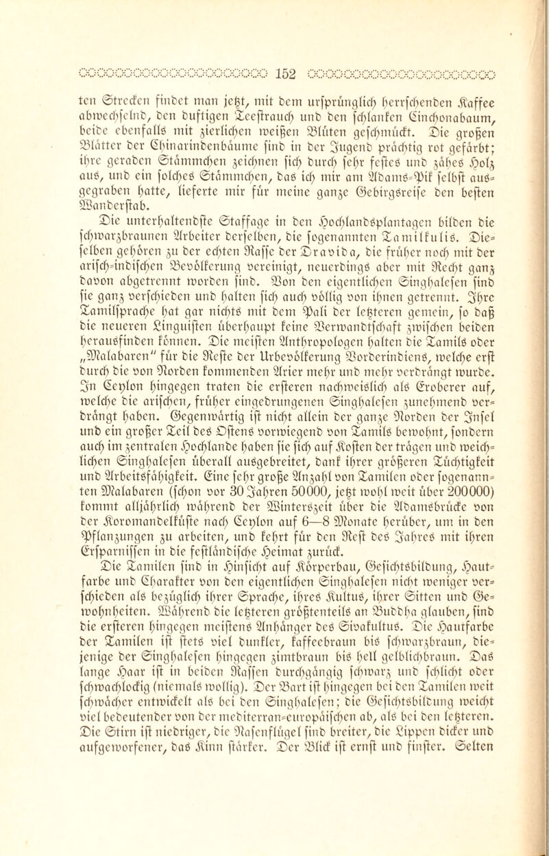 tcn ©t reden finbet man jc^t, mit bem urfprüngficl) f^errfc^cnben Kaffee abmechfcfnb, ben buftigen ©ccftraucf) unb ben fd^tanfen ©nchonabaum, betbe ebenfaffö_ mit jierfichen meinen Sötüten gefchmüdt. ©ie großen 33Idtter ber ©unarütbenbäume finb in ber Sfugenb prächtig rot gefärbt; ihre geraben ©tämmchen jeid)nen ftrf) bureft fcf)r fefteö unb jäbeö $ofj auö, unb ein fotc^eö ©täntmeben, baö ttf) mir am Abontö=S3tf fcfbft auö* gegraben batte, lieferte mir für meine ganje ©ebirgöretfe ben heften SBanberftab. ©ie unterhaftenbfte ©taffage in ben jpochfanböpfantagen bitben bie fcbmarjbrauncn Arbeiter berfefben, bie fogenannten ©amtffuftö. ©te* fetben geboren 511 ber echten Stoffe ber ©raotba, bie früher noch mit ber arifcbdnbtfcben 23eobfferung vereinigt, neuerbingö aber mit Siecht ganj baoott abgetrennt morben finb. 53on ben eigentlichen ©tnghafefen finb fie ganj oerfebicben unb hotten ftcf> auch ooflig oon timen getrennt. Sfhrc ©amilfprache hot gar nichts mit bem S^ali ber letzteren gemein, fo ba§ bie neueren Stngtüfien überhaupt feine 53ermanbtfcbaft jmifeben beiben herauöfinben tonnen. ©ie mciften Anthropologen haften bie ©amtfö ober „Stiafabaren für bie Stcftc ber Urbeoofferung ©orberinbtenö, mcfche erft bureb bie oon Storben fommenben Arier mehr unb mehr oerbrängt mürbe. 3n ©pfott hingegen traten bie erftcren nacbmeiöficb afö Eroberer auf, mefebe bie arifebett, früher etngebrungenen ©ingbalefen junehmenb ocr* brängt haben, ©egenmärtig tft nicht affein ber ganje Storben ber Smfcf unb ein grofjer ©eil beö Dftenö oormtegenb oon ©amifö bemofjnt, fonbern auch im jentrafen Jpochfanbe haben fie fiel) auf Soften ber trägen unb meid)* liehen ©tnghafefen überaff auögebreitet, banf ihrer größeren ©üebtigfeit unb Arbeitöfähigfett. ©ne fehr groffe Anjabf oon ©amtfen ober fogenann* ten SJtafabaren (fcf;on oor 30 fahren 50000, je<3t mobf mcit über 200000) fommt alfjährfich mäfmenb ber SBinteröjeit über bie Abatrtöbrüde oott ber ätoromanbelfüfte nach ^apfott auf 6—8 SDtonate herüber, um in ben S)ffan jungen ju arbeiten, unb fehrt für ben Steft beb Sabrcö mit ihren ©fparttiffen in bie fcflfänbifcf>e ©cimat jurüd. ©ic ©amilen finb in äjunficht auf Körperbau, ©efiebtöbifbung, ©aut* färbe unb (Ebaraftcr oott ben eigentlichen ©ingbalefen nicht mentger ocr* fehteben afö bejügftd) ihrer ©pracl)e, tf)reö Jl'ultuö, ihrer (Sitten unb ©e* mohnhetten. 2Böf)renb bie festeren grofjtentetfö an Shtbbba gfauben, finb bie erfteren hingegen metftenö Anhänger beö ©ioafultuö. ©ie Hautfarbe ber ©antifen tft ftetö otef bunffer, faffeebraun biö fchmarjbraun, bie* jentge ber ©tnghafefen hingegen jimtbraun biö halt gefbftcbbroun. ©aö fange ä?aar tft in beiben Staffen bttrebgängig febmorj unb febfiebt ober fchmachfodtg (niemalö mollig), ©er S3art tft hingegen bei ben ©antifen meit fcbtoächer entmideft afö bei ben ©tnghafefen; bie ©efiebtöbifbung meicht otef bebeutenber oott ber mebtterran=curopätfd)en ab, afö bet bett festeren, ©ie ©tirn tft ntebriger, bie Stafenflügef finb breiter, bie Sippen bider unb aufgemorfener, baö ätimt ftärfer. ©er 23fid ift crtift unb finfter. ©eften