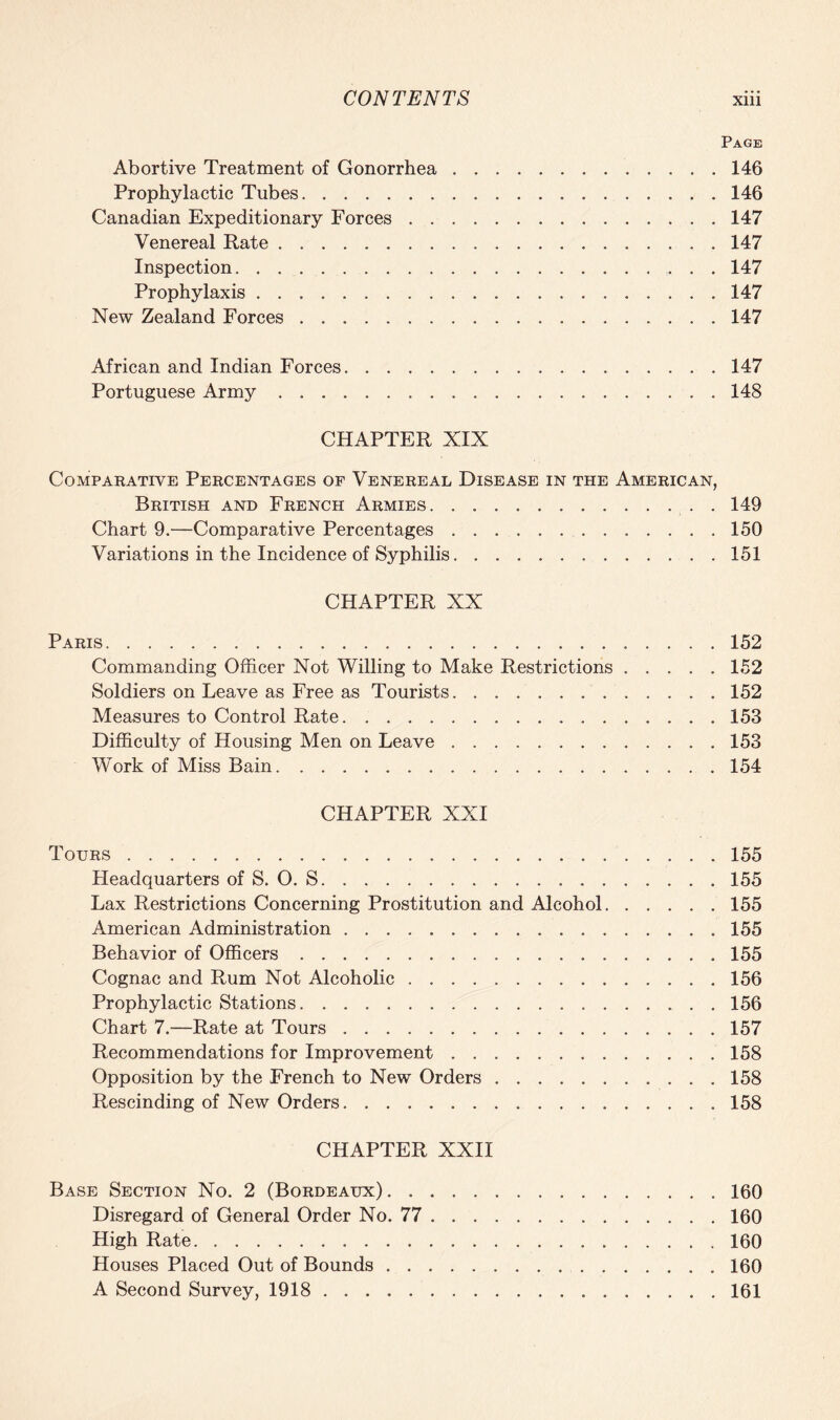 Page Abortive Treatment of Gonorrhea ..146 Prophylactic Tubes.146 Canadian Expeditionary Forces.147 Venereal Rate.147 Inspection. 147 Prophylaxis.147 New Zealand Forces.147 African and Indian Forces.147 Portuguese Army.148 CHAPTER XIX Comparative Percentages of Venereal Disease in the American, British and French Armies.. . 149 Chart 9.—Comparative Percentages.150 Variations in the Incidence of Syphilis.151 CHAPTER XX Paris.152 Commanding Officer Not Willing to Make Restrictions.152 Soldiers on Leave as Free as Tourists.152 Measures to Control Rate.153 Difficulty of Housing Men on Leave.153 Work of Miss Bain.154 CHAPTER XXI Tours.155 Headquarters of S. O. S.155 Lax Restrictions Concerning Prostitution and Alcohol.155 American Administration.155 Behavior of Officers.155 Cognac and Rum Not Alcoholic.156 Prophylactic Stations.. . 156 Chart 7.—Rate at Tours. 157 Recommendations for Improvement.158 Opposition by the French to New Orders.158 Rescinding of New Orders.158 CHAPTER XXII Base Section No. 2 (Bordeaux).160 Disregard of General Order No. 77.160 High Rate.160 Houses Placed Out of Bounds.. . 160 A Second Survey, 1918 . ..161