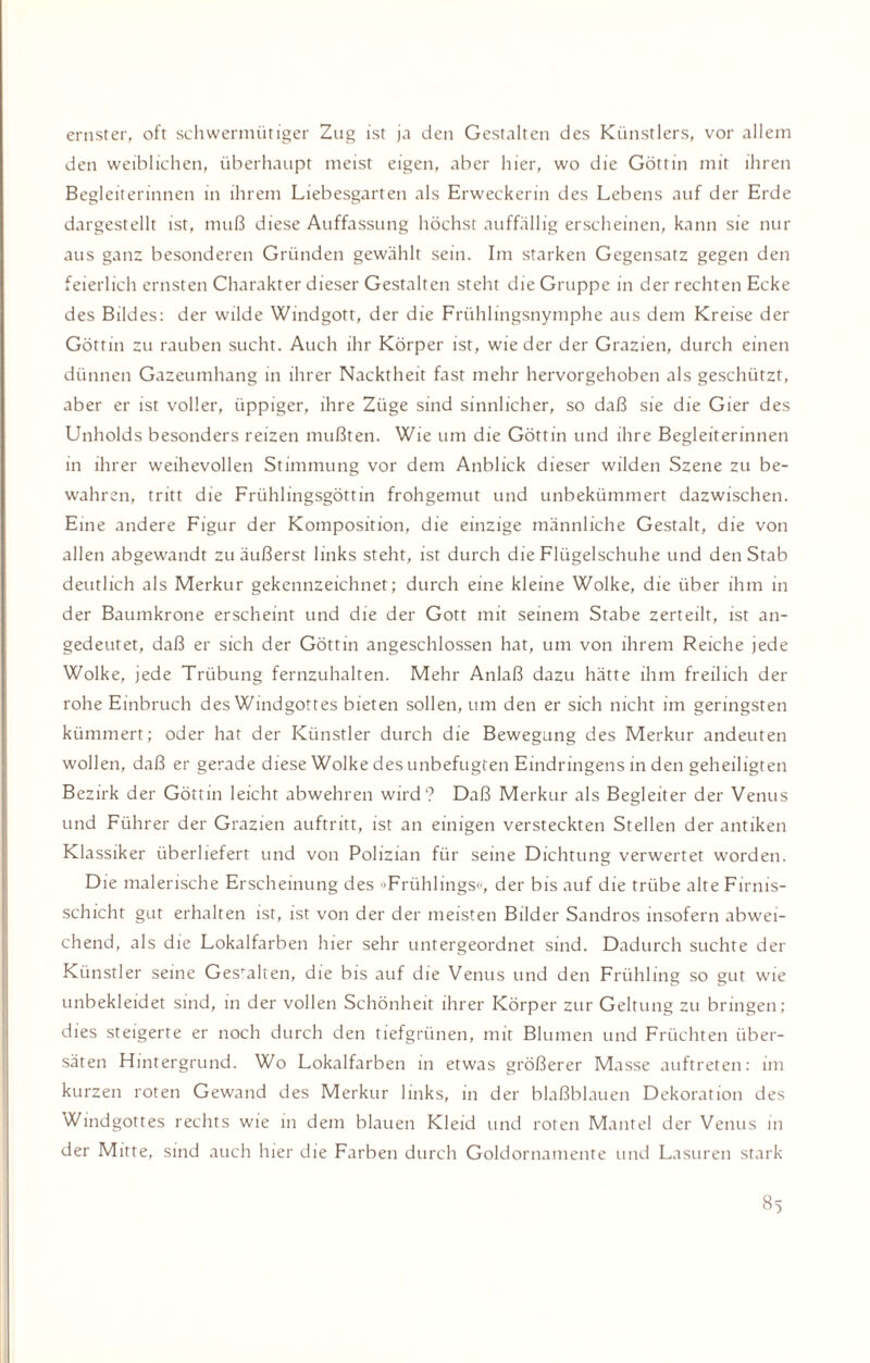 ernster, oft schwermütiger Zug ist ja den Gestalten des Künstlers, vor allem den weiblichen, überhaupt meist eigen, aber hier, wo die Göttin mit ihren Begleiterinnen in ihrem Liebesgarten als Erweckerin des Lebens auf der Erde dargestellt ist, muß diese Auffassung höchst auffällig erscheinen, kann sie nur aus ganz besonderen Gründen gewählt sein. Im starken Gegensatz gegen den feierlich ernsten Charakter dieser Gestalten steht die Gruppe in der rechten Ecke des Bildes: der wilde Windgott, der die Frühlingsnymphe aus dem Kreise der Göttin zu rauben sucht. Auch ihr Körper ist, wieder der Grazien, durch einen dünnen Gazeumhang in ihrer Nacktheit fast mehr hervorgehoben als geschützt, aber er ist voller, üppiger, ihre Züge sind sinnlicher, so daß sie die Gier des Unholds besonders reizen mußten. Wie um die Göttin und ihre Begleiterinnen in ihrer weihevollen Stimmung vor dem Anblick dieser wilden Szene zu be¬ wahren, tritt die Frühlingsgöttin frohgemut und unbekümmert dazwischen. Eine andere Figur der Komposition, die einzige männliche Gestalt, die von allen abgewandt zu äußerst links steht, ist durch die Flügelschuhe und den Stab deutlich als Merkur gekennzeichnet; durch eine kleine Wolke, die über ihm in der Baumkrone erscheint und die der Gott mit seinem Stabe zerteilt, ist an¬ gedeutet, daß er sich der Göttin angeschlossen hat, um von ihrem Reiche jede Wolke, jede Trübung fernzuhalten. Mehr Anlaß dazu hätte ihm freilich der rohe Einbruch des Windgottes bieten sollen, um den er sich nicht im geringsten kümmert; oder hat der Künstler durch die Bewegung des Merkur andeuten wollen, daß er gerade diese Wolke des unbefugten Eindringens in den geheiligten Bezirk der Göttin leicht abwehren wird? Daß Merkur als Begleiter der Venus und Führer der Grazien auftritt, ist an einigen versteckten Stellen der antiken Klassiker überliefert und von Polizian für seine Dichtung verwertet worden. Die malerische Erscheinung des »Frühlings«, der bis auf die trübe alte Firnis¬ schicht gut erhalten ist, ist von der der meisten Bilder Sandros insofern abwei¬ chend, als die Lokalfarben hier sehr untergeordnet sind. Dadurch suchte der Künstler seine Gestalten, die bis auf die Venus und den Frühling so gut wie unbekleidet sind, in der vollen Schönheit ihrer Körper zur Geltung zu bringen; dies steigerte er noch durch den tiefgrünen, mit Blumen und Früchten über¬ säten Hintergrund. Wo Lokalfarben in etwas größerer Masse auftreten: im kurzen roten Gewand des Merkur links, in der blaßblauen Dekoration des \Vindgottes rechts wie in dem blauen Kleid und roten Mantel der Venus in der Mitte, sind auch hier die Farben durch Goldornamente und Lasuren stark