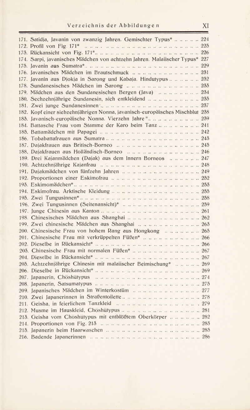 171. Safidja, Javanin von zwanzig Jahren. Gemischter Typus*.224 172. Profil von Fig 171* .225 175. Rückansicht von Fig. 171*.226 174. Sarpi, javanisches Mädchen von achtzehn Jahren. Malaiischer Typus* 227 175. Javanin aus Sumatra*.229 176. Javanisches Mädchen im Brautschmuck .251 177. Javanin aus Djokja in Sarong und Kabaja. Hindutypus.252 178. Sundanesisches Mädchen im Sarong . 255 179. Mädchen aus den Sundanesischen Bergen (Java) ..254 180. Sechzehnjährige Sundanesin, sich entkleidend .255 181. Zwei junge Sundanesinnen •. 257 182. Kopf einer siebzehnjährigen Nonna, javanisch-europäisches Mischblut 258 185. Javanisch-europäische Nonna. Vierzehn Jahre*. 259 184. Battasche Frau vom Stamme der Karo beim Tanz.241 185. Baltamädchen mit Papagei .242 186. Tobabattafrauen aus Sumatra.245 187. Dajakfrauen aus Britisch-Borneo .245 188. Dajakfrauen aus Holländisch-Borneo . 246 189. Drei Kajanmädchen (Dajak) aus dem Innern Borneos .247 190. Achtzehnjährige Kajanfrau .248 191. Dajakmädchen von fünfzehn Jahren .249 192. Proportionen einer Eskimofrau .252 195. Eskimomädchen*.,.255 194. Eskimofrau. Arktische Kleidung .. .. ..255 195. Zwei Tungusinnen*.258 196. Zwei Tungusinnen (Seitenansicht)* .259 197. Junge Chinesin aus Kanton.261 198. Chinesisches Mädchen aus Shanghai.262 199. Zwei chinesische Mädchen aus Shanghai . 265 200. Chinesische Frau von hohem Rang aus Hongkong .. ..265 201. Chinesische Frau mit verkrüppelten Füßen* .266 202. Dieselbe in Rückansicht*.266 205. Chinesische Frau mit normalen Füßen*.267 204. Dieselbe in Rückansicht*.267 205. Achtzehnjährige Chinesin mit malaiischer Beimischung* .269 206. Dieselbe in Rückansicht*. 269 207. Japanerin, Chöshütypus .274 208. Japanerin, Satsumatypus .275 209. Japanisches Mädchen im Winterkostüm .277 210. Zwei Japanerinnen in Straßentoilette.278 211. Geisha, in feierlichem Tanzkleid . 279 212. Musme im Hauskleid, Chöshütypus.281 215. Geisha vom Chöshütypus mit entblößtem Oberkörper .282 214. Proportionen von Fig. 215 . 285 215. Japanerin beim Haarwaschen .. .. ..285 216. Badende Japanerinnen .286