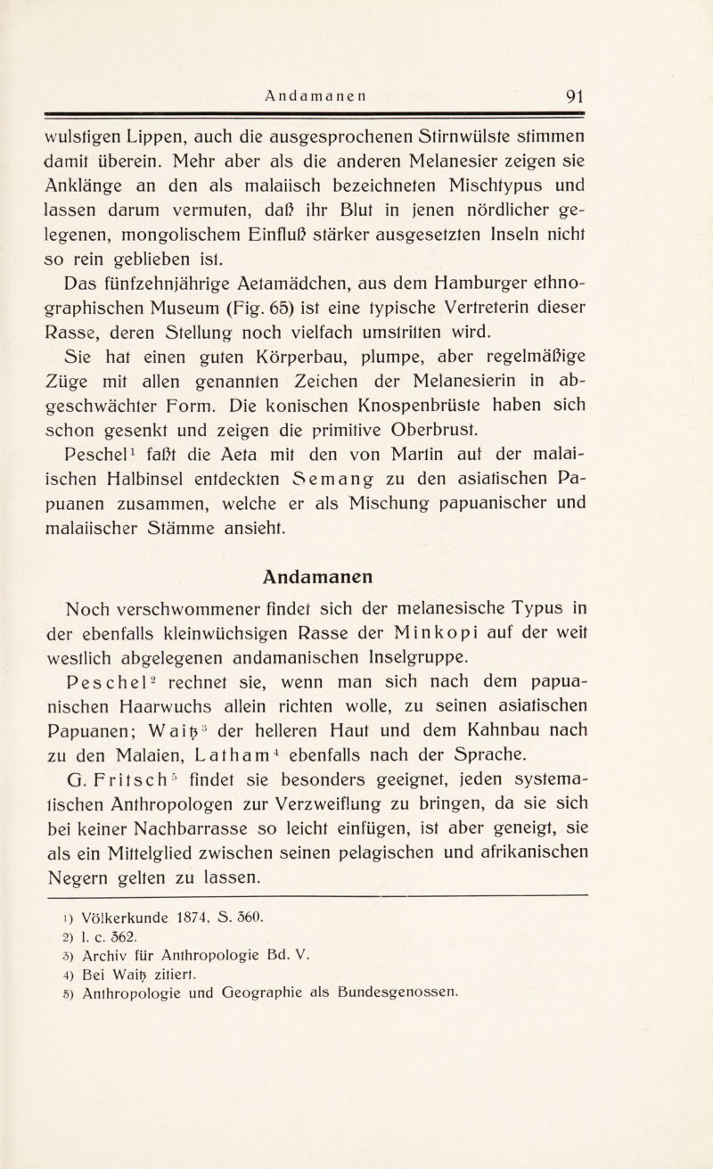 wulstigen Lippen, auch die ausgesprochenen Stirnwülste stimmen damit überein. Mehr aber als die anderen Melanesier zeigen sie Anklänge an den als malaiisch bezeichneten Mischtypus und lassen darum vermuten, daß ihr Blut in jenen nördlicher ge¬ legenen, mongolischem Einfluß stärker ausgesetzten Inseln nicht so rein geblieben ist. Das fünfzehnjährige Aetamädchen, aus dem Hamburger ethno¬ graphischen Museum (Fig. 65) ist eine typische Vertreterin dieser Rasse, deren Stellung noch vielfach umstritten wird. Sie hat einen guten Körperbau, plumpe, aber regelmäßige Züge mit allen genannten Zeichen der Melanesierin in ab¬ geschwächter Form. Die konischen Knospenbrüste haben sich schon gesenkt und zeigen die primitive Oberbrust. Peschei1 faßt die Aeta mit den von Marlin aut der malai¬ ischen Halbinsel entdeckten Semang zu den asiatischen Pa- puanen zusammen, welche er als Mischung papuanischer und malaiischer Stämme ansieht. Andamanen Noch verschwommener findet sich der melanesische Typus in der ebenfalls kleinwüchsigen Rasse der Minkopi auf der weit westlich abgelegenen andamanischen Inselgruppe. Peschei2 3 4 rechnet sie, wenn man sich nach dem papua- nischen Haarwuchs allein richten wolle, zu seinen asiatischen Papuanen; Wait*8 der helleren Haut und dem Kahnbau nach zu den Malaien, Lat harn1 ebenfalls nach der Sprache. G. Fritsch5 findet sie besonders geeignet, jeden systema¬ tischen Anthropologen zur Verzweiflung zu bringen, da sie sich bei keiner Nachbarrasse so leicht einfügen, ist aber geneigt, sie als ein Mittelglied zwischen seinen pelagischen und afrikanischen Negern gelten zu lassen. 1) Völkerkunde 1874, S. 560. 2) 1. c. 562. 3) Archiv für Anthropologie Bd. V. 4) Bei Wait? zitiert. 5) Anthropologie und Geographie als Bundesgenossen.