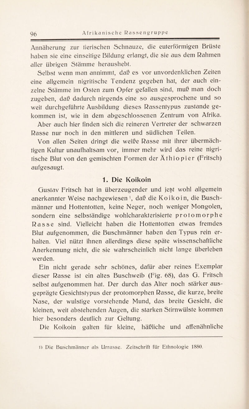 Annäherung zur lierischen Schnauze, die euterförmigen Brüste haben sie eine einseitige Bildung erlangt, die sie aus dem Rahmen aller übrigen Stämme heraushebt. Selbst wenn man annimmt, daß es vor unvordenklichen Zeiten eine allgemein nigritische Tendenz gegeben hat, der auch ein¬ zelne Stämme im Osten zum Opfer gefallen sind, muß man doch zugeben, daß dadurch nirgends eine so ausgesprochene und so weit durchgeführte Ausbildung dieses Rassentypus zustande ge¬ kommen ist, wie in dem abgeschlossenen Zentrum von Afrika. Aber auch hier finden sich die reineren Vertreter der schwarzen Rasse nur noch in den mittleren und südlichen Teilen. Von allen Seiten dringt die weiße Rasse mit ihrer übermäch¬ tigen Kultur unaufhaltsam vor, immer mehr wird das reine nigri¬ tische Blut von den gemischten Formen der Äthiopier (Fritsch) aufgesaugt. 1. Die Koikoin Gustav Fritsch hat in überzeugender und jetff wohl allgemein anerkannter Weise nachgewiesen1, daß die Koikoin, die Busch¬ männer und Flottentotten, keine Neger, noch weniger Mongolen, sondern eine selbständige wohlcharakterisierte protomorphe Rasse sind. Vielleicht haben die Hottentotten etwas fremdes Blut aufgenommen, die Buschmänner haben den Typus rein er¬ halten. Viel nützt ihnen allerdings diese späte wissenschaftliche Anerkennung nicht, die sie wahrscheinlich nicht lange überleben werden. Ein nicht gerade sehr schönes, dafür aber reines Exemplar dieser Rasse ist ein altes Buschweib (Fig. 68), das G. Fritsch selbst aufgenommen hat. Der durch das Alter noch stärker aus¬ geprägte Gesichtstypus der protomorphen Rasse, die kurze, breite Nase, der wulstige vorstehende Mund, das breite Gesicht, die kleinen, weit abstehenden Augen, die starken Stirnwülste kommen hier besonders deutlich zur Geltung. Die Koikoin galten für kleine, häßliche und affenähnliche 0 Die Buschmänner als Urrasse. Zeitschrift für Ethnologie 1880.