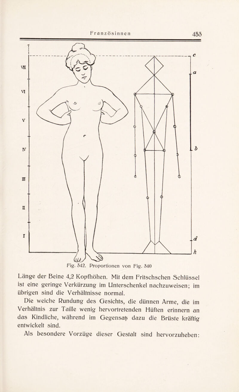 455 Länge der Beine 4,2 Kopfhöhen. Mit dem Fritschschen Schlüssel ist eine geringe Verkürzung im Unterschenkel nachzuweisen; im übrigen sind die Verhältnisse normal. Die weiche Rundung des Gesichts, die dünnen Arme, die im Verhältnis zur Taille wenig hervortretenden Hüften erinnern an das Kindliche, während im Gegensal? dazu die Brüste kräftig entwickelt sind. Als besondere Vorzüge dieser Gestalt sind hervorzuheben: