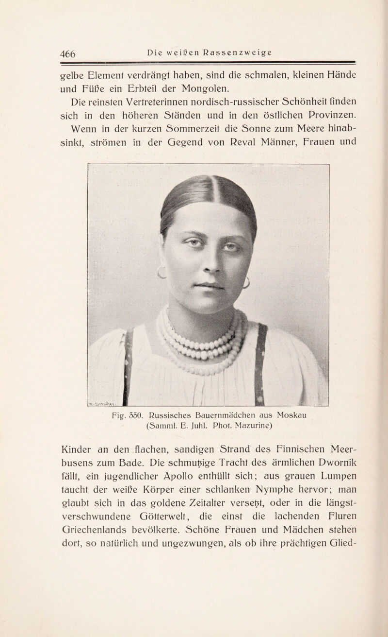 gelbe Element verdrängt haben, sind die schmalen, kleinen Hände und Füße ein Erbteil der Mongolen. Die reinsten Vertreterinnen nordisch-russischer Schönheit finden sich in den höheren Ständen und in den östlichen Provinzen. Wenn in der kurzen Sommerzeit die Sonne zum Meere hinab¬ sinkt, strömen in der Gegend von Reval Männer, Frauen und Fig. 550. Russisches Bauernmädchen aus Moskau (Samml. E. Juhi. Phot. Mazurine) Kinder an den flachen, sandigen Strand des Finnischen Meer¬ busens zum Bade. Die schmutzige Tracht des ärmlichen Dwornik fällt, ein jugendlicher Apollo enthüllt sich; aus grauen Lumpen taucht der weihe Körper einer schlanken Nymphe hervor; man glaubt sich in das goldene Zeitalter versetzt, oder in die längst¬ verschwundene Götterwelt, die einst die lachenden Fluren Griechenlands bevölkerte. Schöne Frauen und Mädchen stehen dort, so natürlich und ungezwungen, als ob ihre prächtigen Glied-