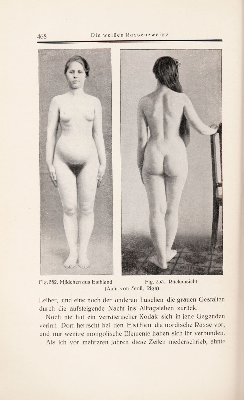 Fig. 552. Mädchen aus Esthland (Aufn. Fig. 555. von Stoll, Riga) Rückansicht Leiber, und eine nach der anderen huschen die grauen Gestalten durch die aufsteigende Nacht ins Alltagsleben zurück. Noch nie hat ein verräterischer Kodak sich in jene Gegenden verirrt. Dort herrscht bei den Esthen die nordische Rasse vor, und nur wenige mongolische Elemente haben sich ihr verbunden. Als ich vor mehreren Jahren diese Zeilen niederschrieb, ahnte