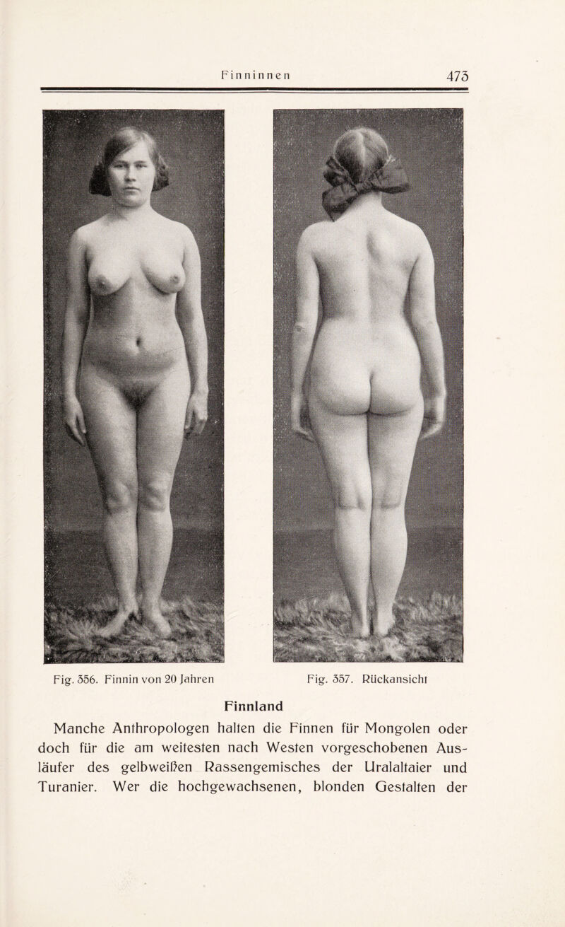 Finninnen 475 Fig. 356. Finnin von 20 Jahren Fig. 357. Rückansicht Finnland Manche Anthropologen halten die Finnen für Mongolen oder doch für die am weitesten nach Westen vorgeschobenen Aus¬ läufer des gelbweißen Rassengemisches der Uralaltaier und Turanier. Wer die hochgewachsenen, blonden Gestalten der