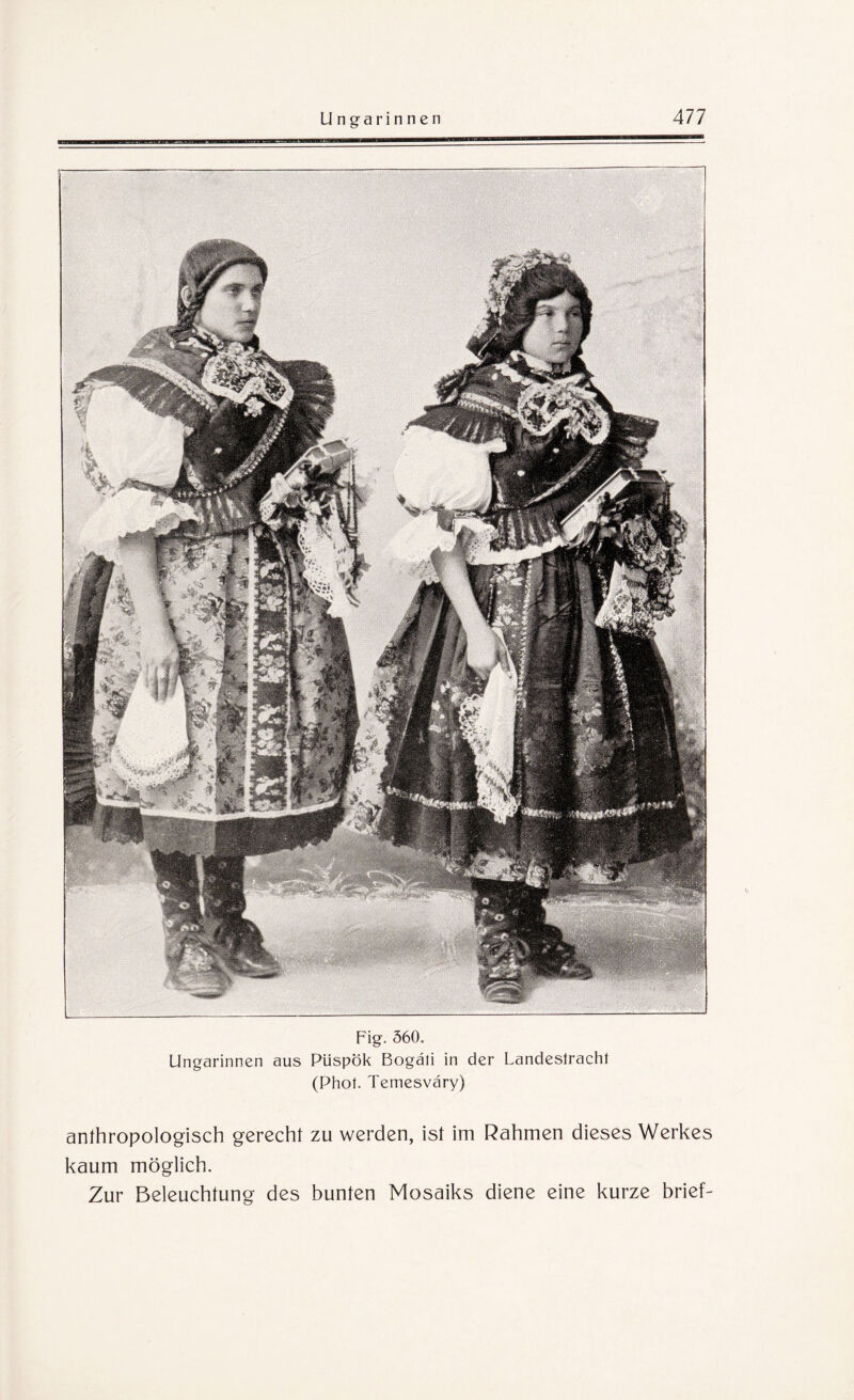 Fig. 560. Ungarinnen aus Plispok Bogati in der Landestracht (Phot. Temesväry) anthropologisch gerecht zu werden, ist im Rahmen dieses Werkes kaum möglich. Zur Beleuchtung des bunten Mosaiks diene eine kurze brief-