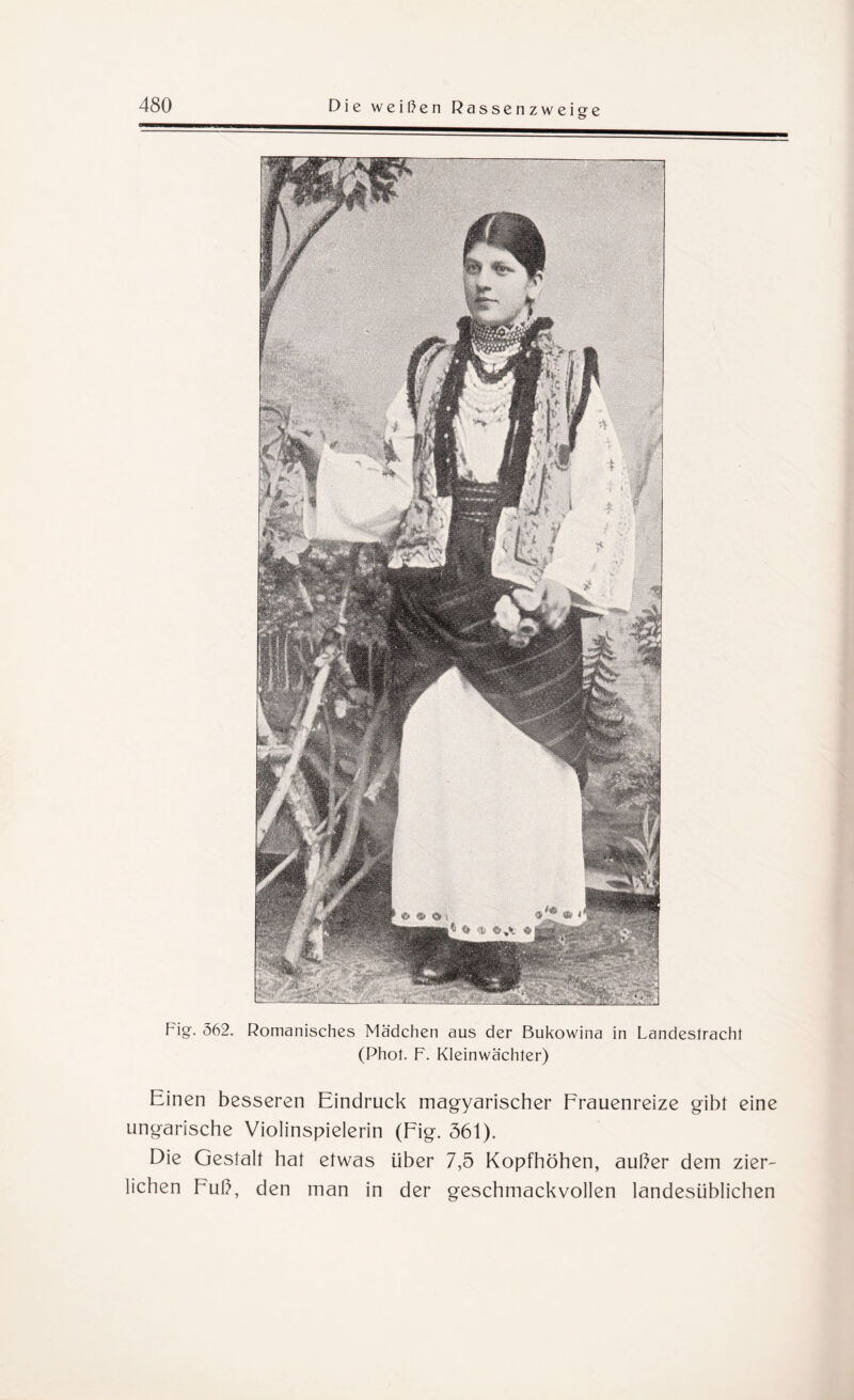 Fig. 362. Romanisches Mädchen aus der Bukowina in Landestracht (Phot. F. Kleinwächter) Einen besseren Eindruck magyarischer Frauenreize gibt eine ungarische Violinspielerin (Fig. 361). Die Gestalt hat etwas über 7,5 Kopfhöhen, außer dem zier¬ lichen Fuß, den man in der geschmackvollen landesüblichen