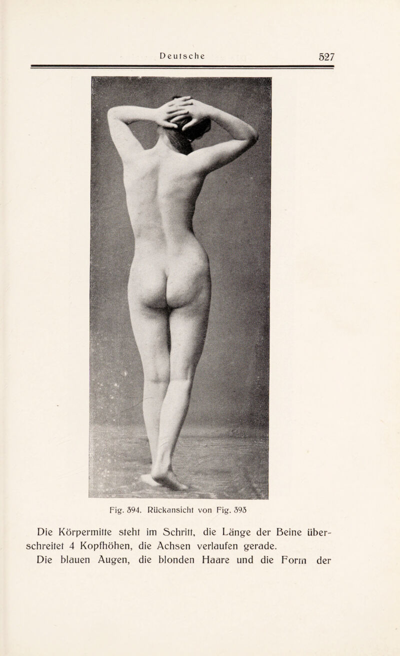 Fig. 594. Rückansicht von Fig. 595 Die Körpermitte steht im Schritt, die Länge der Beine über¬ schreitet 4 Kopfhöhen, die Achsen verlaufen gerade. Die blauen Augen, die blonden Haare und die Form der