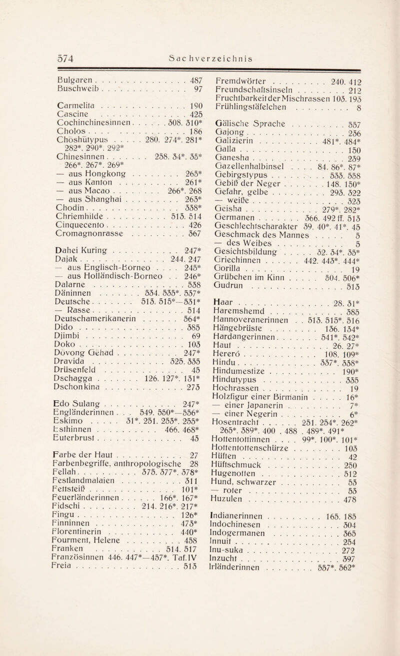 Bulgaren.487 Buschweib . . .. 97 Carmelita.190 Cascine .425 Cochinchinesinnen. 508. 510* Cholos.186 Choshulypus. 280. 274*. 281* 282*. 290*. 292* Chinesinnen . . . 266*. 267*. 269* — aus Hongkong — aus Kanlon . — aus Macao . . — aus Shanghai Chodin. Chriemhilde . . . Cinquecento . . . . Cromagnonrasse 258. 54*. 55* .... 265* .... 261* . 266*. 268 .... 265* .... 558* . . 515. 514 .426 .567 Dahei Kuring. 247* Dajak. 244. 247 — aus Englisch-Borneo .... 245* aus Holländisch-Borneo . . 246* Dalarne .558 Däninnen . 554. 555*. 557* Deutsche. 515. 515*—551* — Rasse.514 Deutschamerikanerin. 564* Dido.585 Djimbi. 69 Doko.105 Dövong Gehad. 247* Dravida . 525.555 Drüsenfeld . 45 Dschagga. 126. 127*. 151* Dschonkina.275 Edo Sulang. 247* Engländerinnen . . . 549. 550*—556* Eskimo . 51*. 251. 255*. 255* Esthinnen. 466. 468* Euterbrust. 45 Farbe der Haut. 27 Farbenbegriffe, anthropologische 28 Fellah. 575. 577*. 578* Festlandmalaien.511 Fettsteiß. 101* Feuerländerinnen. 166*. 167* Fidschi.214. 216*. 217* Fingu.126* Finninnen. 475* Florentinerin. 440* Fourment, Helene.458 Franken . 514. 517 Französinnen 446. 447*—457*. Taf. IV Freia.515 Fremdwörter. 240. 412 Freundschaftsinseln.212 FruchtbarkeitderMischrassen 105. 195 Frühlingstäfelchen . 8 Gälisc’ne Sprache.557 Gajong.256 Galizierin. 481*. 484* Galla.150 Ganesha .... 259 Gazellenhalbinsel .... 84. 86*. 87* Gebirgstypus. 555. 558 Gebiß der Neger. 148. 150* Gefahr, gelbe. 295. 522 — weiße.525 Geisha. 279*. 282* Germanen. 566. 492 IT. 515 Geschlechtscharakter 59. 40*. 41*. 45 Geschmack des Mannes. 5 — des Weibes. 5 Gesichtsbildung. 52. 54*. 55* Griechinnen. 442. 445*. 444* Gorilla. 19 Grübchen im Kinn. 504. 506* Gudrun .515 Haar. Haremshemd . . . Hannovera nerinnen Hängebrüste . . . Hardangerinnen. . Haut. Herero. Hindu. Hindumeslize . . . Hindutypus .... Hochrassen .... . ... 28. 51* .585 515. 515*. 516 . . 156. 154* . . 541*. 542* . ... 26. 27* . . 108. 109* . . 557*. 558* . 190* .555 . 19 Holzfigur einer Birmanin.16* — einer Japanerin. 7* — einer Negerin. 6* Hosentracht. 251. 254*. 262* 265*. 589*. 400 . 488 . 489*. 491* Hottentottinnen .... 99*. 100*. 101* Hottentottenschürze.105 Hüften. 42 Hüftschmuck.250 Hugenotten.512 Hund, schwarzer. 55 — roter. 55 Huzulen.478 Indianerinnen Indochinesen Indogermanen Innuit. Inu-suka . . . Inzucht .... lrländerinnen . 165. 185 . ... 504 . ... 565 . ... 254 ... 272 . ... 597 557*. 562*