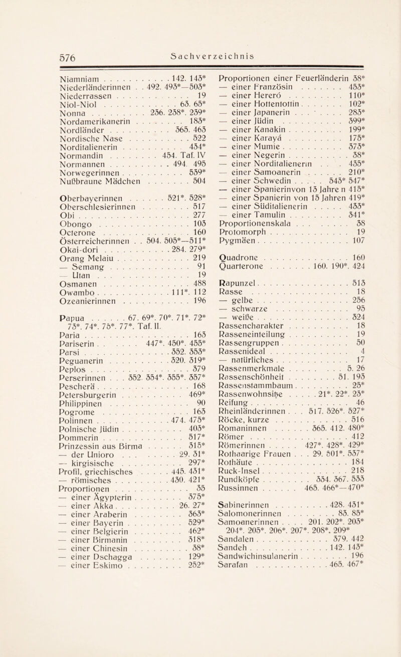 Niamniam. 142. 145* Niederländerinnen . . 492. 495*—505* Niederrassen. 19 Niol-Niol. 65. 65* Nonna. 256. 258*. 259* Nordamerikanerin. 185* Nordländer. 565. 465 Nordische Nase.522 Norditalienerin. 454* Normandin. 454. Taf. IV Normannen. 494. 495 Norwegerinnen. 559* Nußbraune Mädchen .504 Oberbayerinnen. 521*. 528* Oberschlesierinnen .517 Obi.277 Obongo .105 Octerone .160 Österreicherinnen . . 504. 505*—511* Okai-dori.. 284. 279* Orang Melaiu.219 — Semang. 91 — Utan. 19 Osmanen.488 Owambo.111*. 112 Ozeanierinnen .196 Papua. 67. 69*. 70*. 71*. 72* 75*. 74*. 75*. 77*. Taf. 11. Paria.165 Pariserin. 447*. 450*. 455* Parsi. 552. 555* Peguanerin. 520. 519* Peplos.579 Perserinnen . . . 552. 554*. 555*. 557* Pescherä.168 Petersburgerin. . 469* Philippinen . 90 Pogrome .165 Polinnen. 474. 475* Polnische Jüdin. 405* Pommerin.517* Prinzessin aus Birma. 515* — der Unioro ... 29. 51* — kirgisische . 297* Profil, griechisches . 445. 451* — römisches. 450. 421* Proportionen. 55 — einer Ägypterin. 575* — einer Akka. 26. 27* — einer Araberin . 565* — einer Bayerin. 529* — einer Belgierin. 462* — einer Birmanin. 518* — einer Chinesin.58* — einer Dschagga . 129* einer Eskimo. 252* Proportionen einer Feuerländerin 58* — einer Französin . 455* — einer Herero . 110* — einer Hottentottin. 102* — einer Japanerin 285* — einer Jüdin . 599* — einer Kanakin. 199* — einer Karayä. 175* — einer Mumie. 575* — einer Negerin.58* — einer Norditalienerin . . . 455* — einer Samoanerin.210* — einer Schwedin. 545* 547* — einer Spanierinvon 15 Jahre n 415* — einer Spanierin von 15 Jahren 419* — einer Süditalienerin. 455* — einer Tamulin.541* Proportionenskala. 58 Prolomorph. 19 Pygmäen.107 Quadrone.160 Quarterone. 160. 190*. 424 Rapunzel.515 Rasse . 18 — gelbe.256 — schwarze . 95 — weiße.524 Rassencharakter. 18 Rasseneinteilung. 19 Rassengruppen. 50 Rassenideal. 4 — natürliches. 17 Rassenmerkmale.5. 26 Rassenschönheit.51. 195 Rassenstammbaum.25* Rassenwohnsi^e. 21*. 22*. 25* Reifung. 46 Rheinländerinnen ... 517. 526*. 527* Röcke, kurze.516 Romaninnen . 565. 412. 480* Römer.412 Römerinnen. 427*. 428*. 429* Rothaarige Frauen ... 29. 501*. 557* Rothäute.184 Ruck-Insel.218 Rundköpfe. 554. 567. 555 Russinnen. 465. 466*—470* Sabinerinnen. 428. 451* Salomonerinnen. 85. 85* Samoanerinnen .... 201. 202*. 205* 204*. 205*. 206*. 207*. 208*. 209* Sandalen. 579. 442 Sandeh. 142. 145* Sandwichinsulanerin.196 Sarafan . 465. 467*