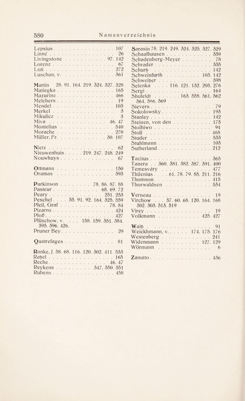 Lepsius.107 Linne. 26 Livingstone.97. 142 Lorenz. 67 Loli.272 Luschan, v.561 Martin 28. 91. 164. 219. 524. 527. 528 Matiegka.165 Mazurine.466 Melchers. 19 Mendel.105 Merkel. 5 Mikulicz. 5 Miva. 46. 47 Montelius.540 Morache.270 Müller, Fr.50. 107 Nielz. 62 Nieuwenhuis. 219. 247. 248. 249 Nouwhuys. 67 Ottmann.150 Oramas.595 Parkinson. 78. 86. 87. 88 Pasteur. 68. 69. 72 Peary. 251. 255 Peschei.... 55. 91. 92. 164. 525. 559 Pfeil, Graf. 78. 84 Pizarro.424 Ploß.427 Plüschow, v. . . . 158. 159. 551. 584. 595. 596. 426. Pruner Bey. 29 Quatrefages. 81 Ranke,]. 58. 68. 116. 120. 502. 411 555 Rat?el.165 Reche. 46. 47 Reykens. 547. 550. 551 Rubens.458 Sarasin 78. 219. 249. 524. 525. 527. 529 Schaafhausen.559 Schadenberg-Meyer. 78 Schräder.555 Schürt? .142 Schweinfurth .105. 142 Schweizer.598 Selenka .... 116. 121. 152. 205. 276 Sergi.164 Shufeldt. 165. 558. 561. 562 564. 566. 569 Sievers. 79 Sokolowsky.195 Stanley.142 Steinen, von den.175 Stolhiwo. 94 Stoll.468 Studer.555 Stuhlmann.105 Sutherland.212 Tacilus.565 Tanera . . 560. 581. 582. 587. 591. 400 Temesvary.477 Thilenius .... 61. 78. 79. 85. 211. 216 Thomson.415 Thorwaldsen.554 Verneau. 19 Virchow ... 57. 60. 68. 120. 164. 168 502. 505. 515. 519 Virey. 19 Volkmann. 425. 427 Wait?. Weickhmann, v Westenberg . . Widenmann . . Wörmann . . . . 91 174. 175. 176 .241 . . 127. 129 . 6 Zanutto 456